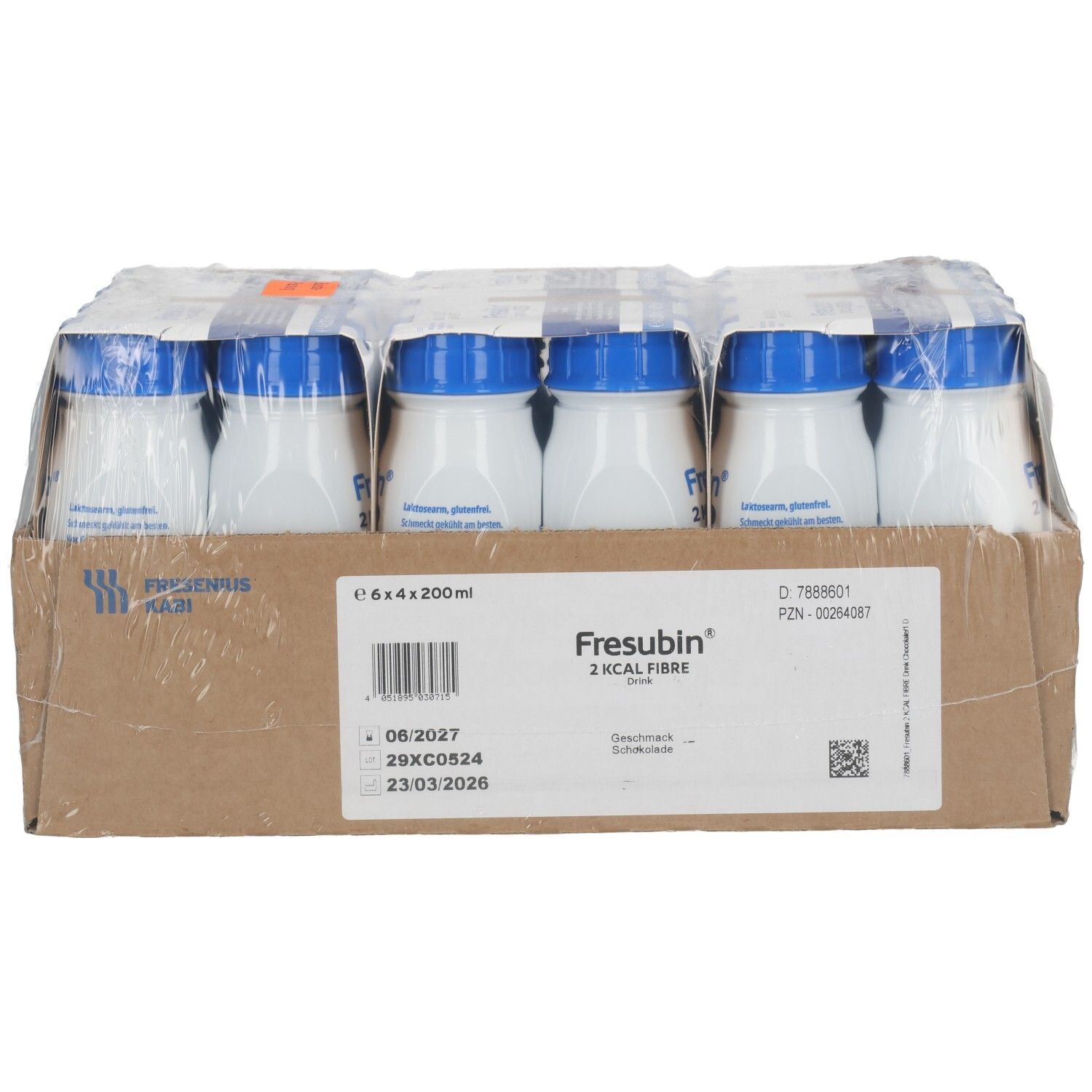 Verpackung mit 24 Flaschen Fresubin 2 Kcal Fibre Drink, Schokoladengeschmack.