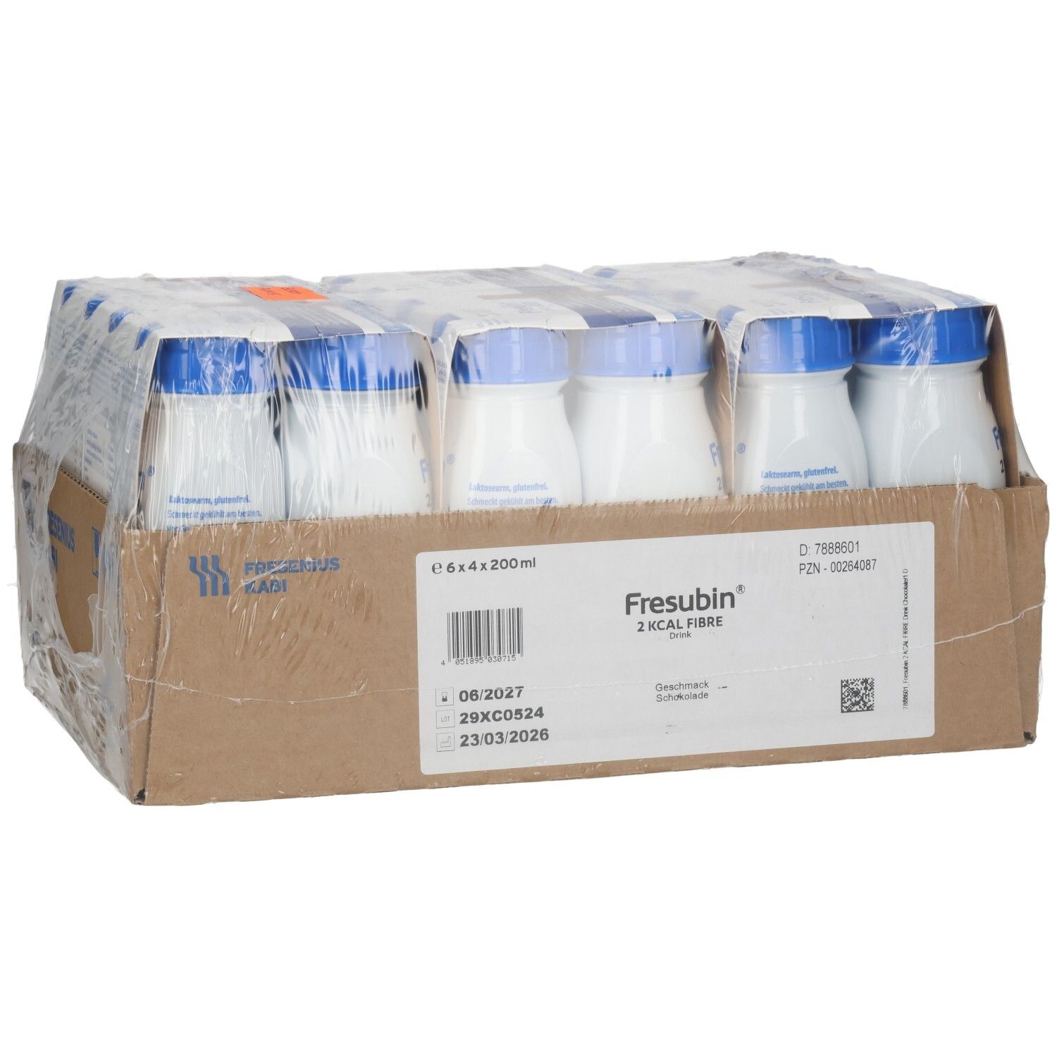 Verpackung mit 24 Flaschen Fresubin 2 Kcal Fibre Drink, Schokoladengeschmack.