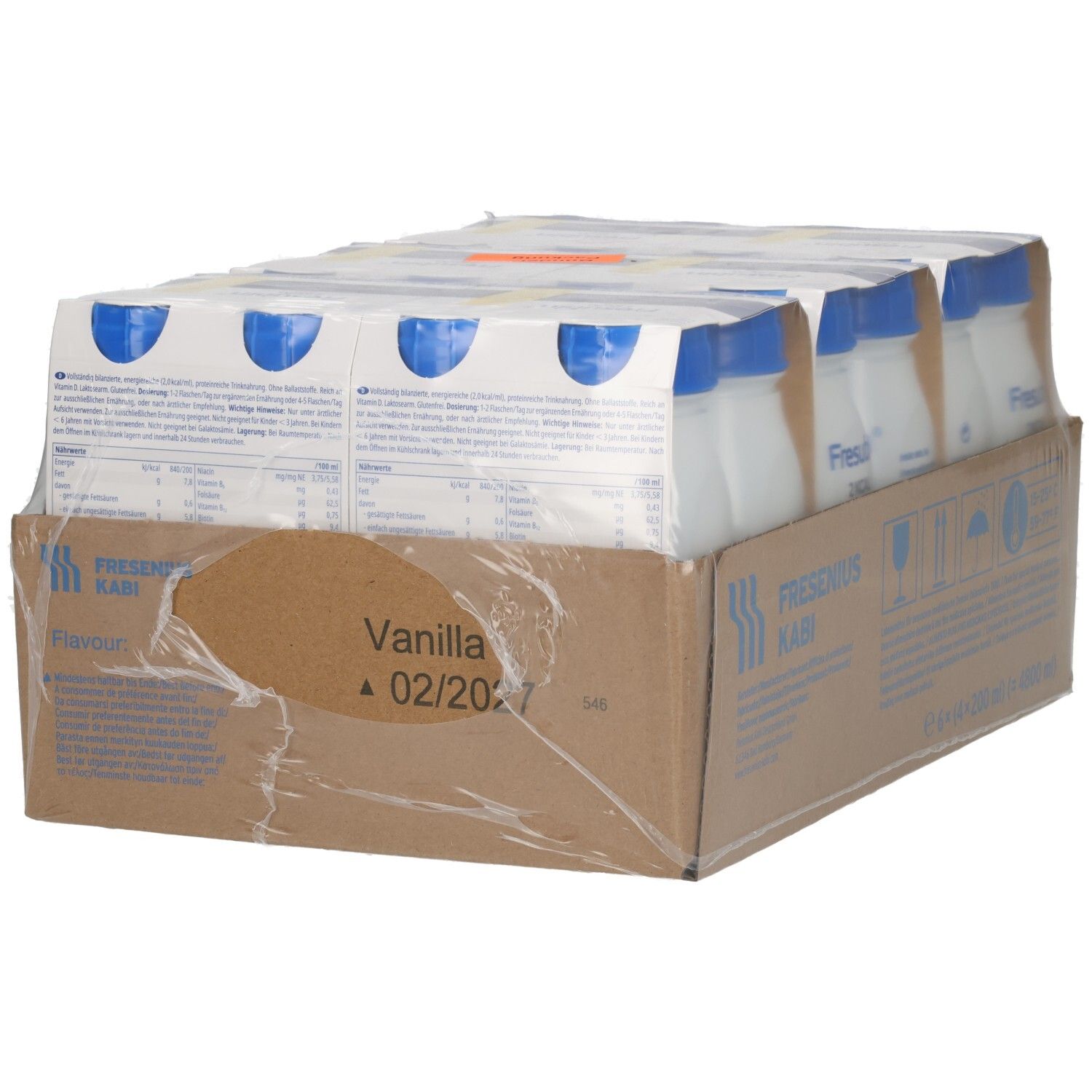 Packung mit 6x 200ml Fresubin 2KCAL Drink in Vanillegeschmack.