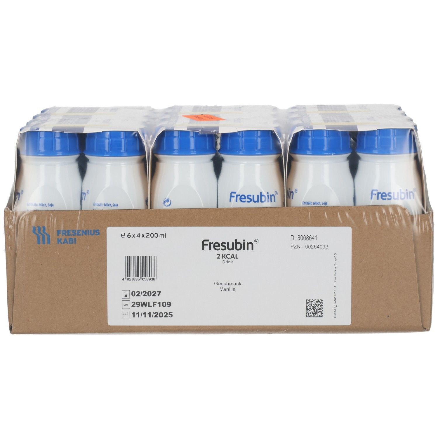 Packung mit 6x 200ml Fresubin 2KCAL Drink in Vanillegeschmack.