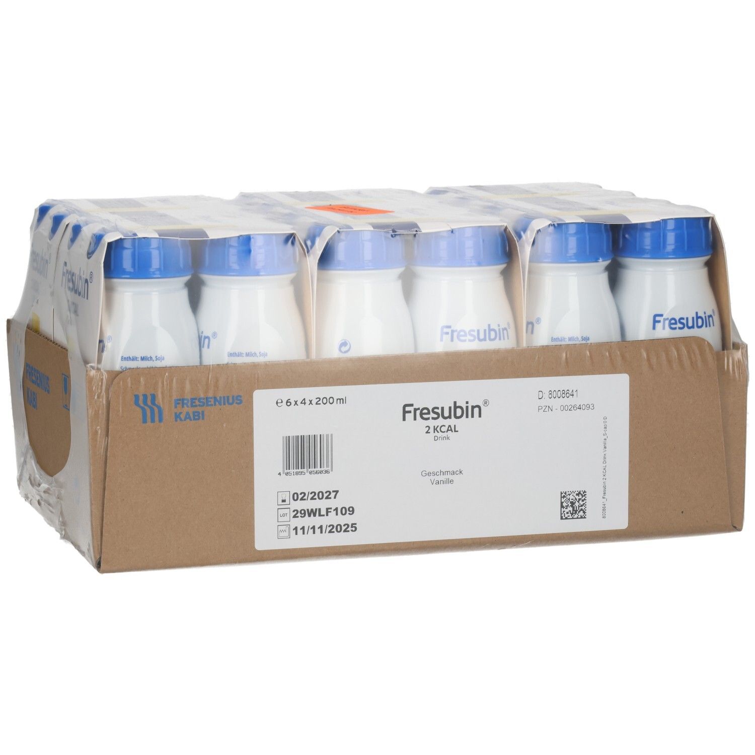 Packung mit 6x 200ml Fresubin 2KCAL Drink in Vanillegeschmack.