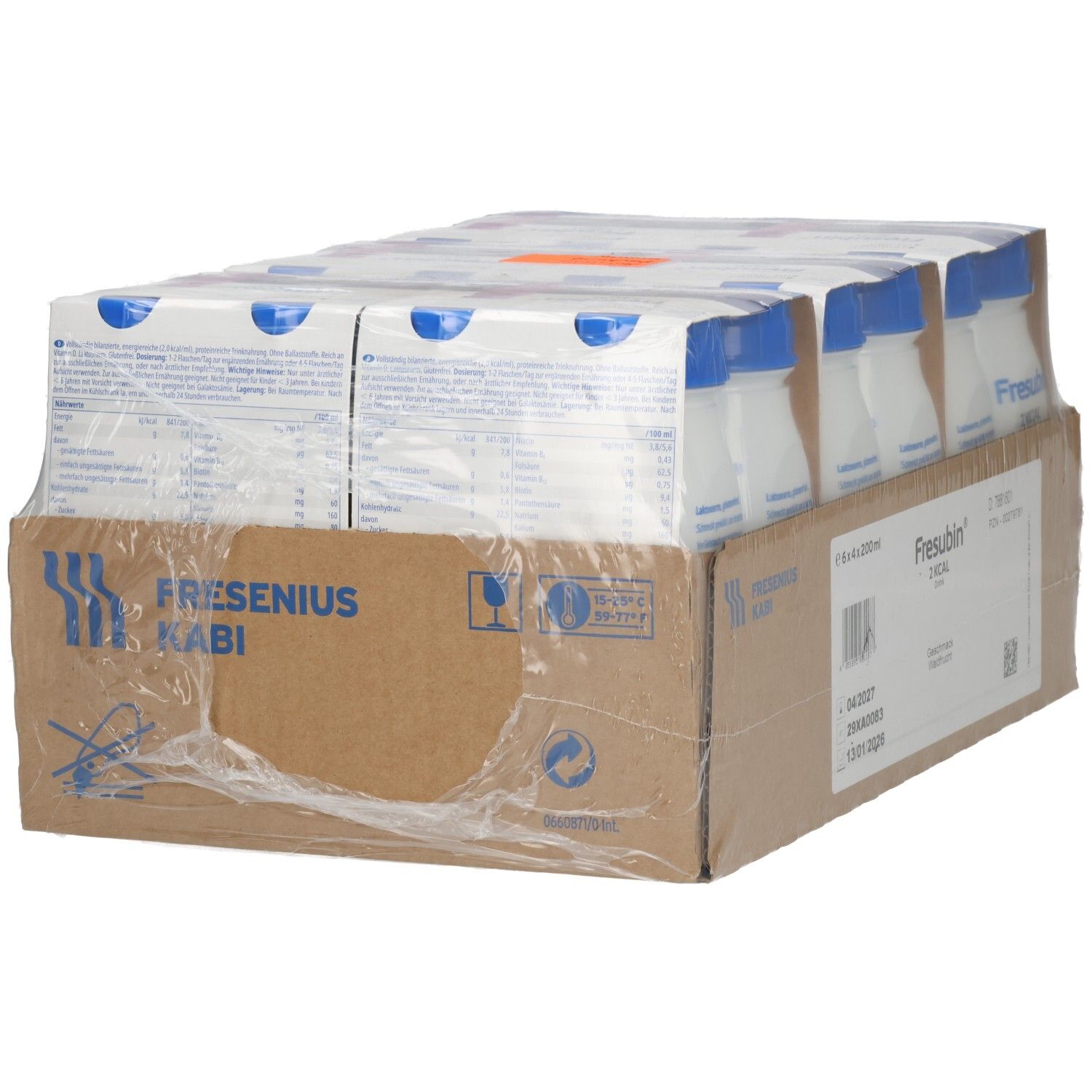 Rückansicht: Fresubin 2 Kcal Drink, 24x200ml Flaschen im Karton, mit Nährwertangaben.