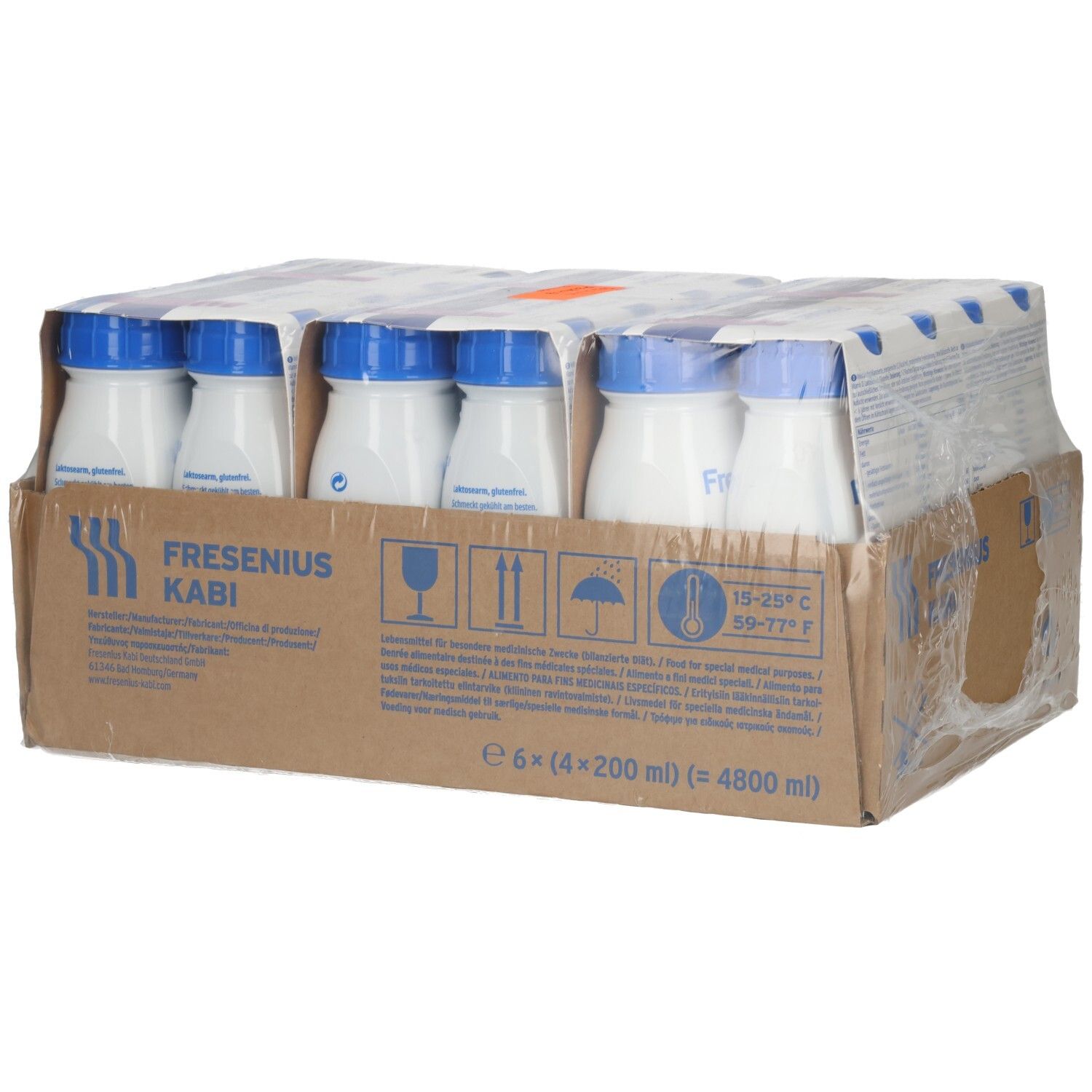 Fresubin 2 Kcal Drink: Karton mit 24x200ml Flaschen, Lagerungshinweise und Handhabungssymbole.