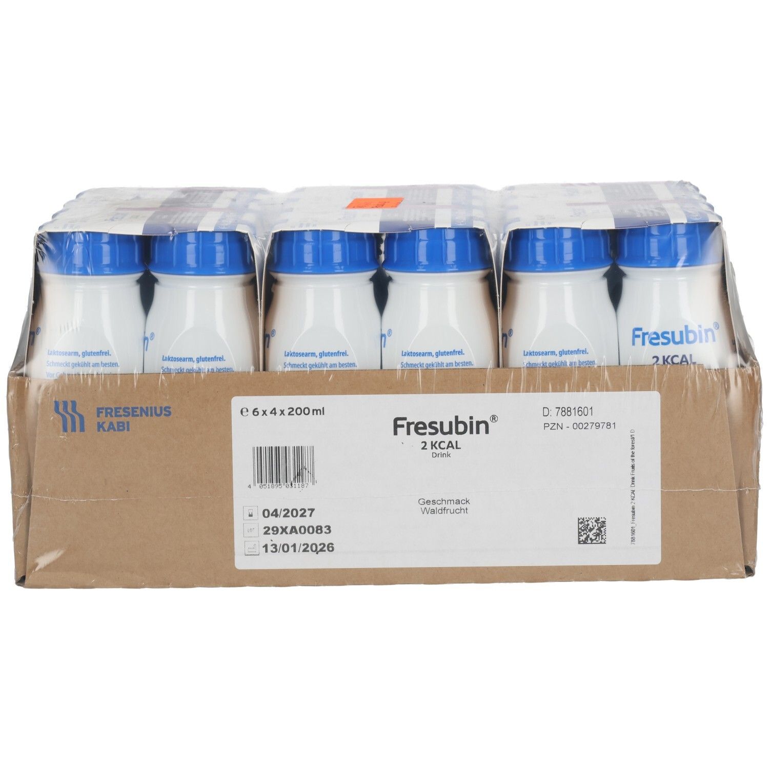 Fresubin 2 Kcal Drink: 6x4x200ml Flaschen im Karton, mit Chargennummer und Verfallsdatum.