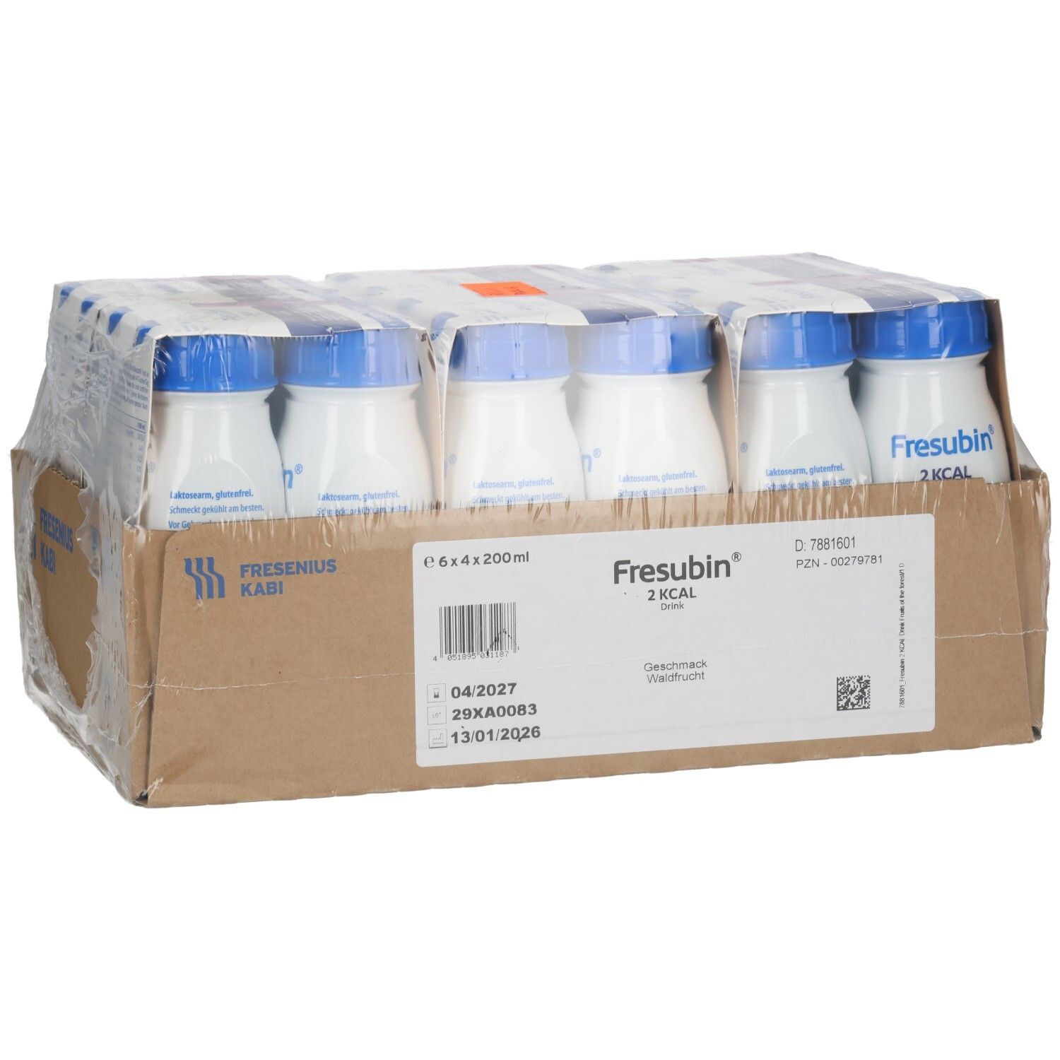 Fresubin 2 Kcal Drink: 24x200ml Flaschen im Karton, Detailansicht mit Etikett und Chargeninformationen.