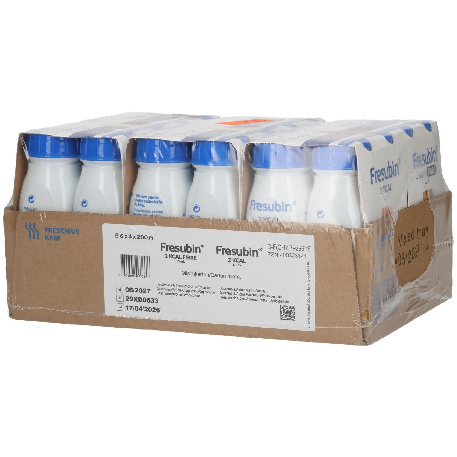 FRESUBIN 2 Kcal Drink in weißer Flasche mit blauem Deckel, verpackt in einem Karton mit 6x4x200ml.