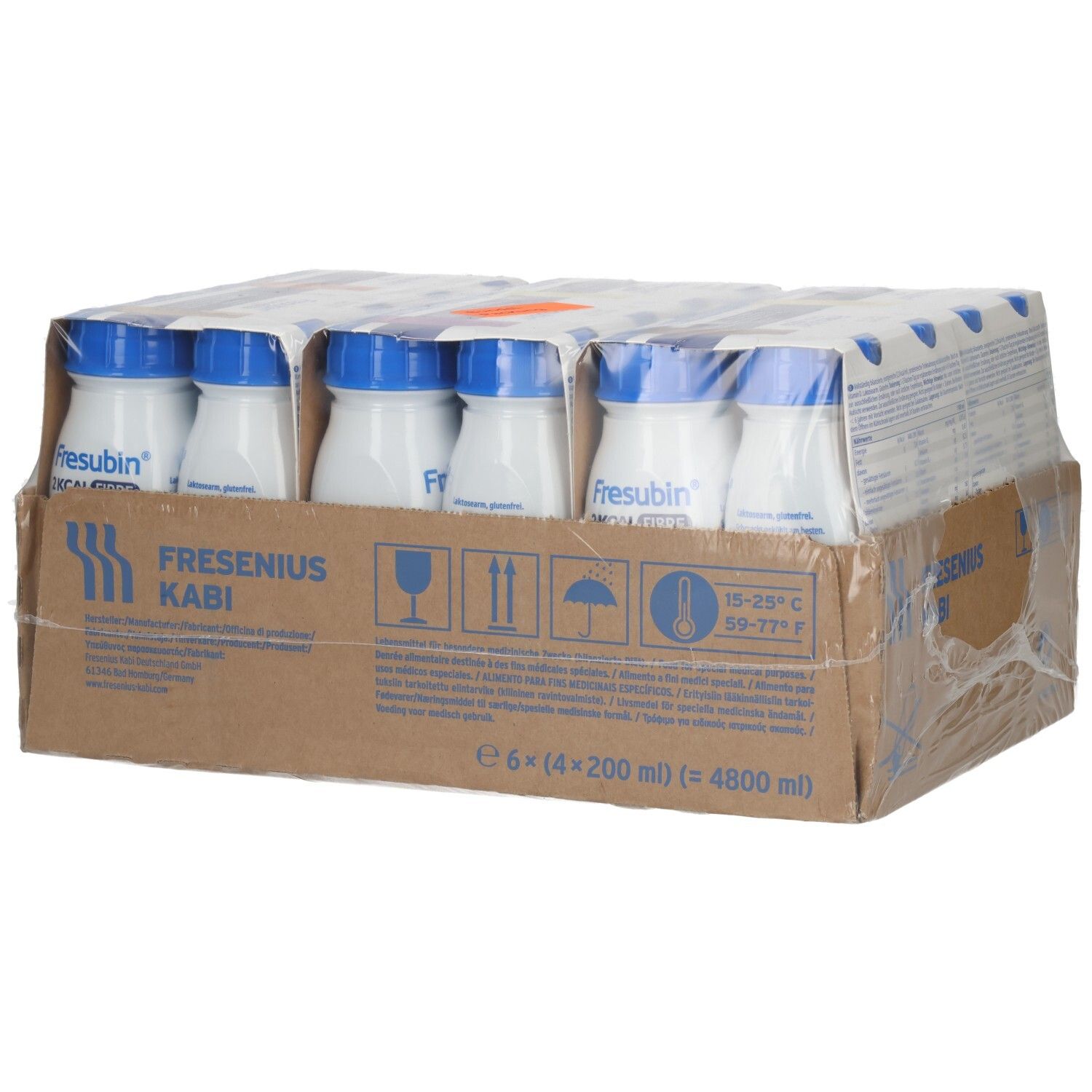 FRESUBIN 2 Kcal Drink in weißer Flasche mit blauem Deckel, verpackt in einem Karton, mit Lagerungshinweisen.