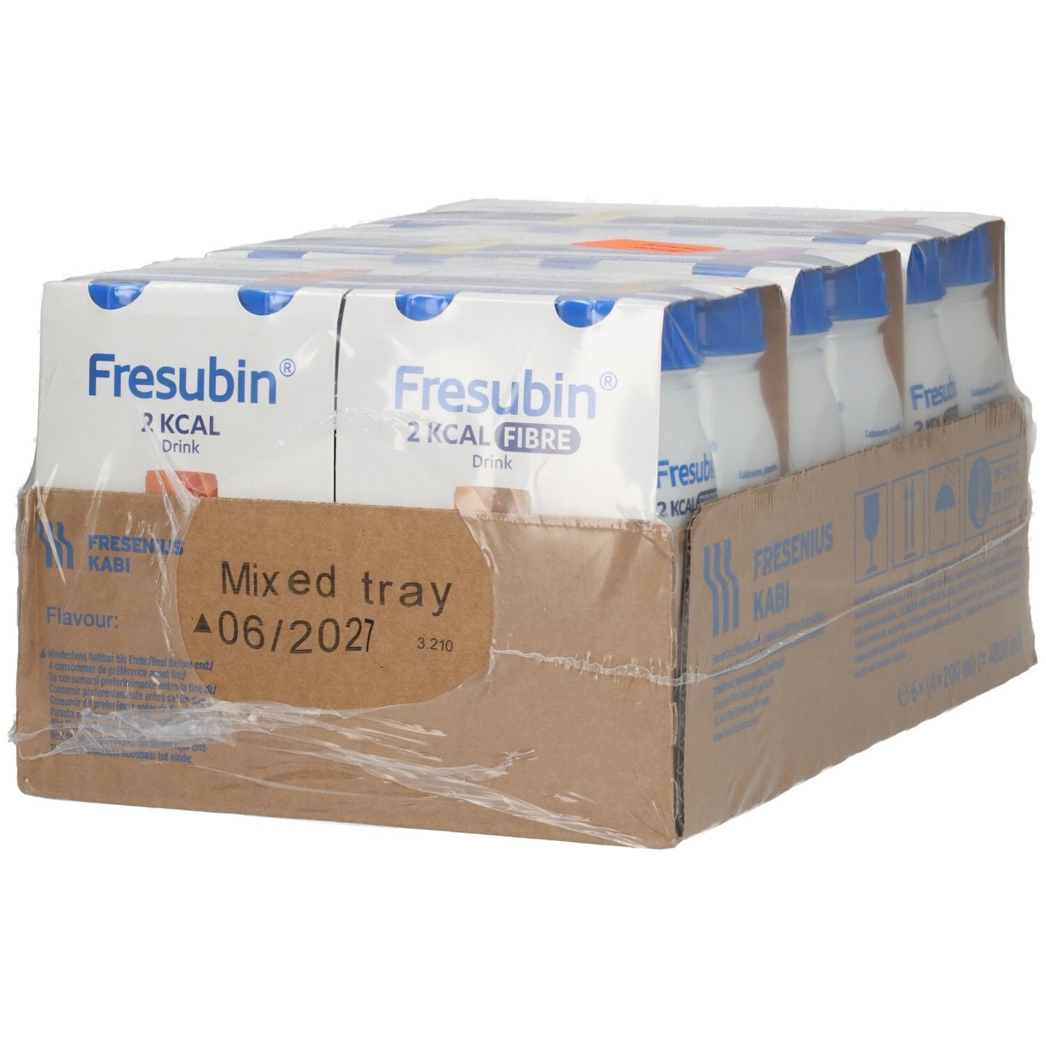FRESUBIN 2 Kcal Drink in weißer Flasche mit blauem Deckel, verpackt in einem Karton, mit Angabe 'Mixed tray'.