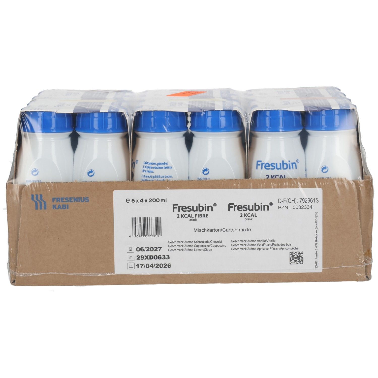 FRESUBIN 2 Kcal Drink in weißer Flasche mit blauem Deckel, verpackt in einem Karton, mit Barcode und Verfallsdatum.