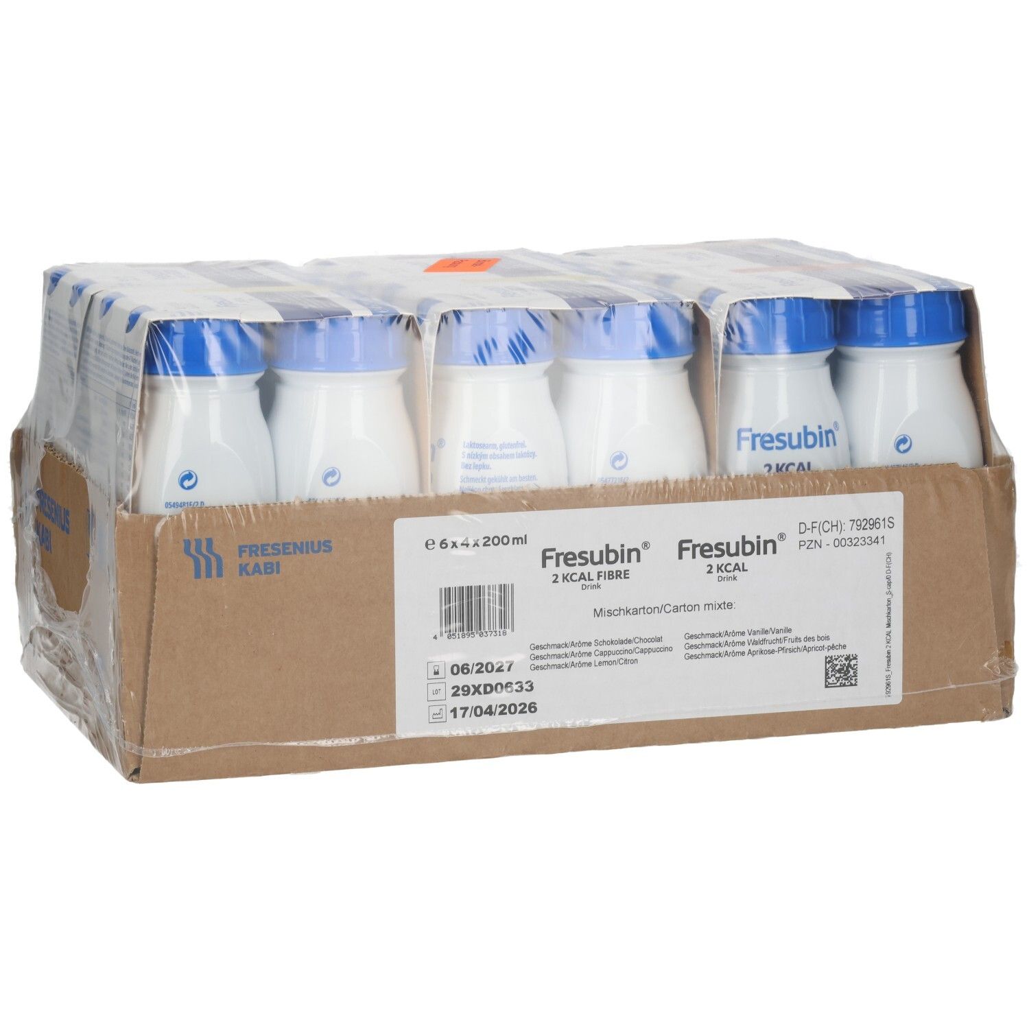FRESUBIN 2 Kcal Drink in weißer Flasche mit blauem Deckel, verpackt in einem Karton, mit Produktinformationen.