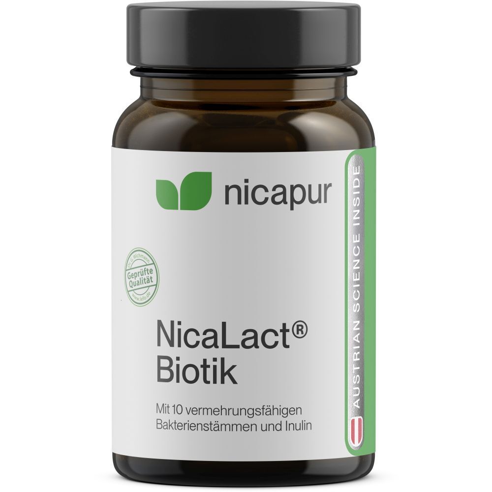 NICApur NicaLact Biotik Kapseln in brauner Glasflasche mit silbernem Deckel.