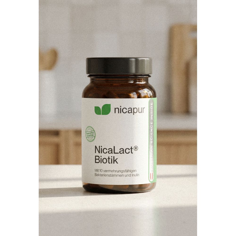 NICApur NicaLact Biotik Kapseln in brauner Glasflasche auf Küchentheke.