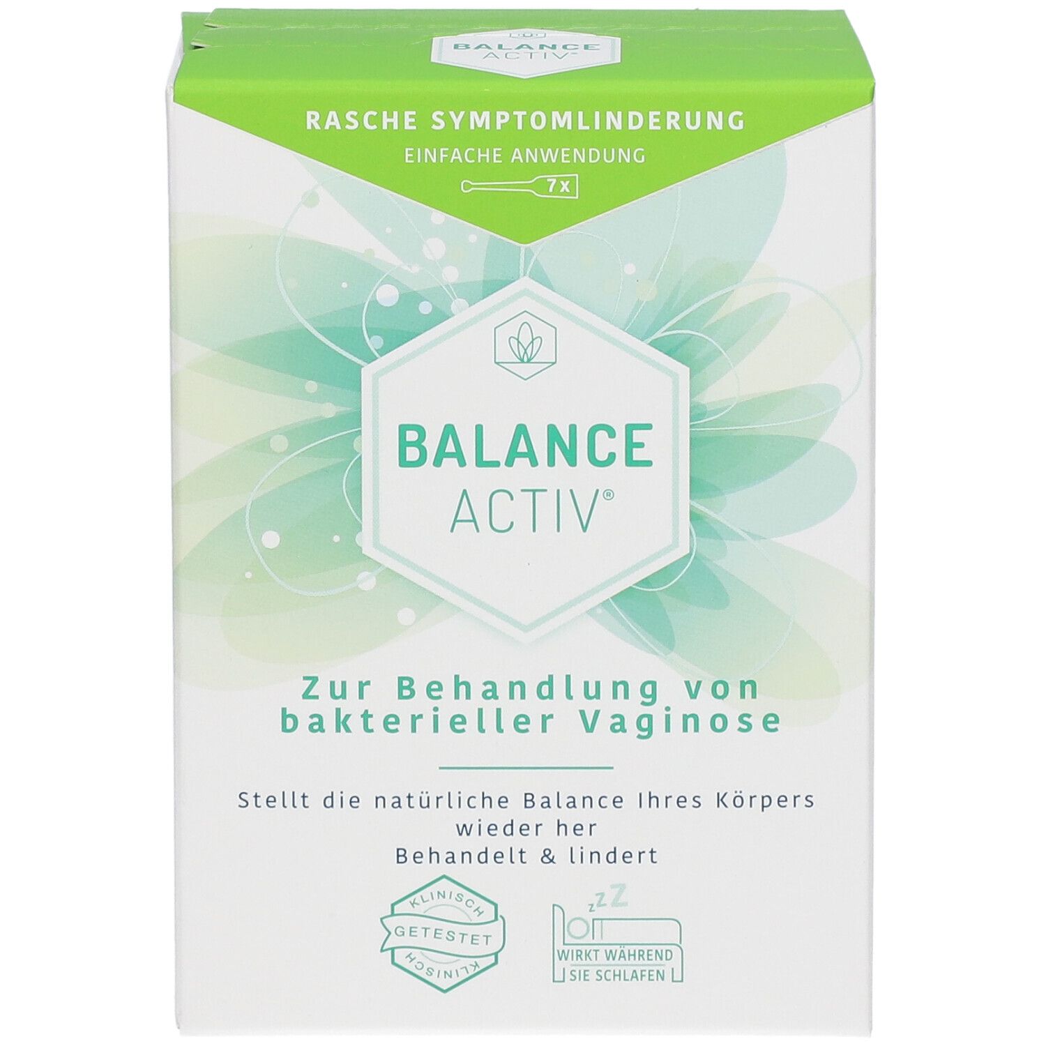 Vorderansicht der Balance Activ Verpackung. Text: Zur Behandlung von bakterieller Vaginose. Logo und Produktname sind sichtbar.