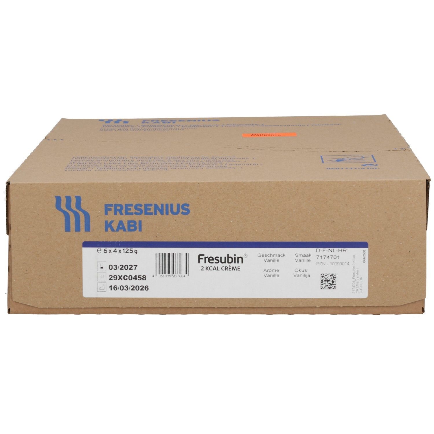 FRESENIUS KABI Karton mit Fresubin 2 KCAL CREME Vanille Etikett, Vorderansicht.