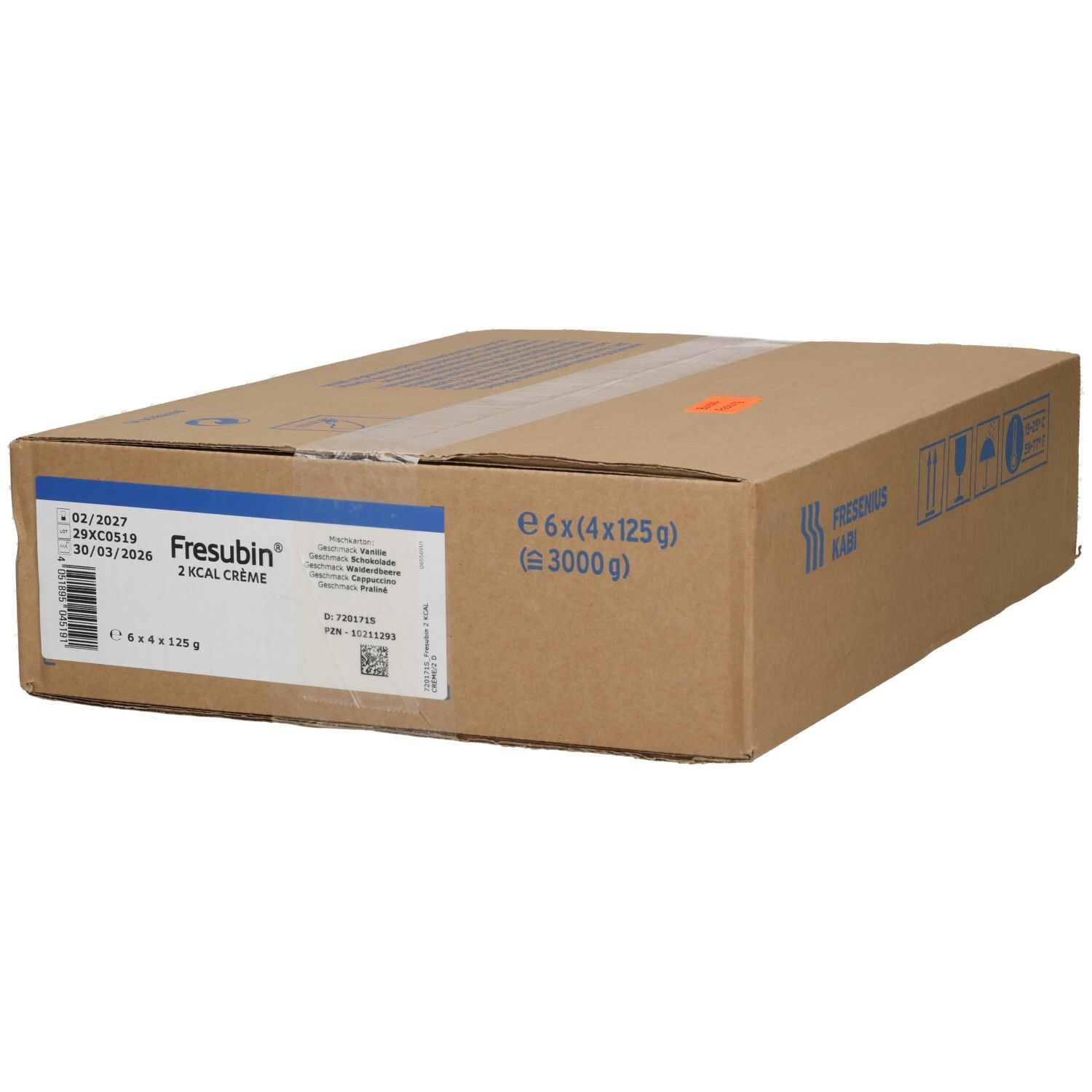 Kartonverpackung mit Fresenius Kabi Logo und Etikett mit Fresubin 2 Kcal Creme, 6x4x125g.