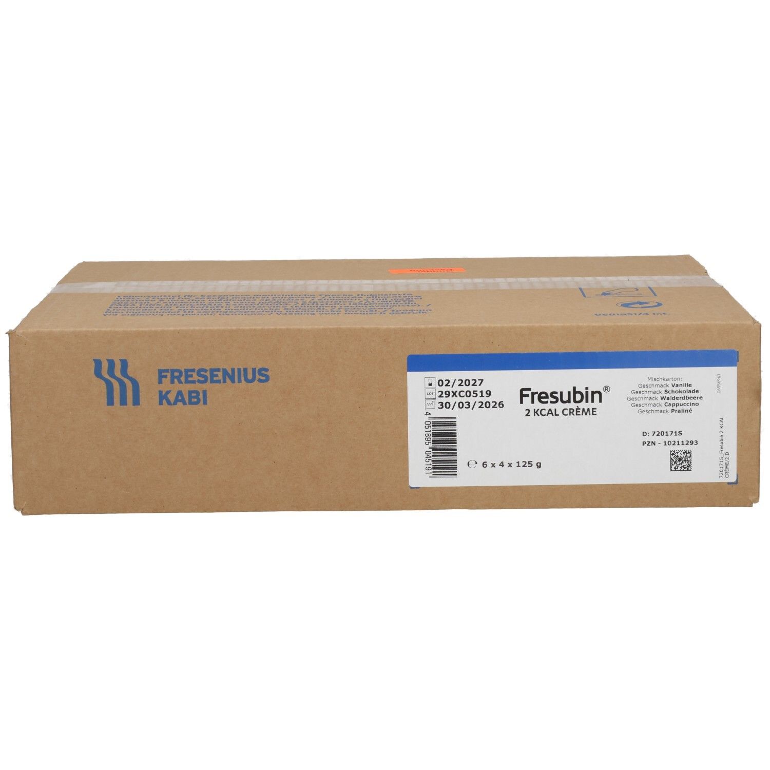 Kartonverpackung mit Etikett: Fresubin 2 Kcal Creme, 6x4x125g, und Fresenius Kabi Logo.