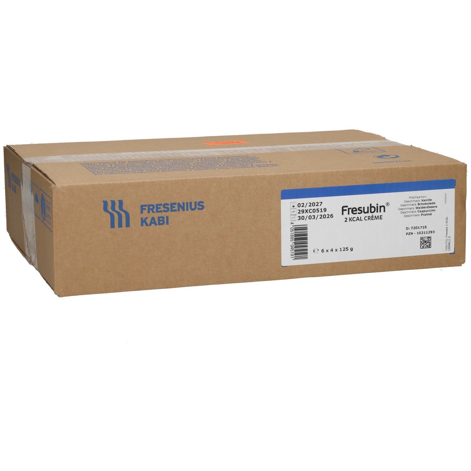 Kartonverpackung mit Fresubin 2 Kcal Creme Etikett, Chargennummer und Verfallsdatum.