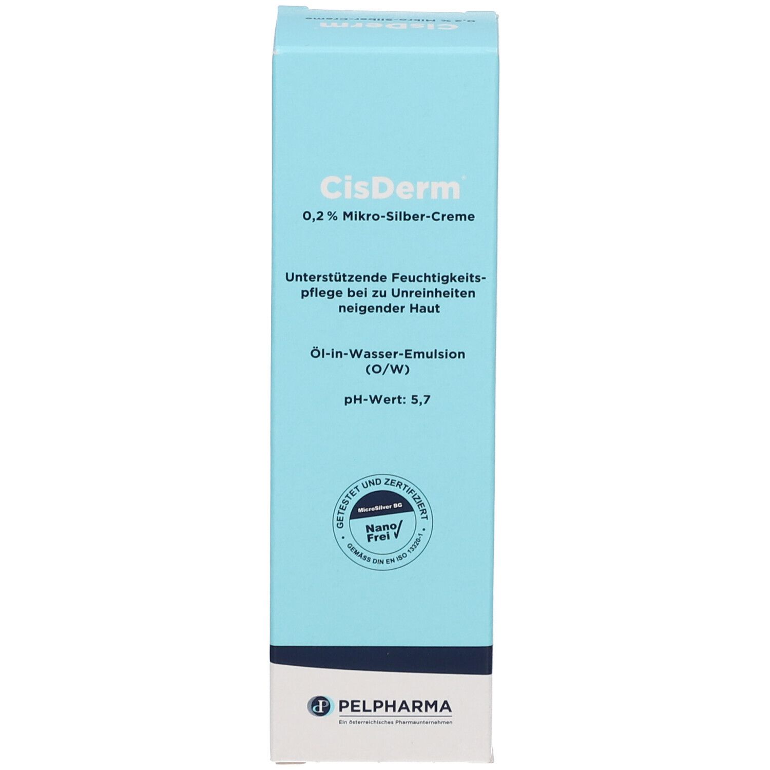 Vorderseite der CisDerm Creme-Schachtel. Hellblau mit Produktinformationen. Zertifizierungen. Marke: PELPHARMA.