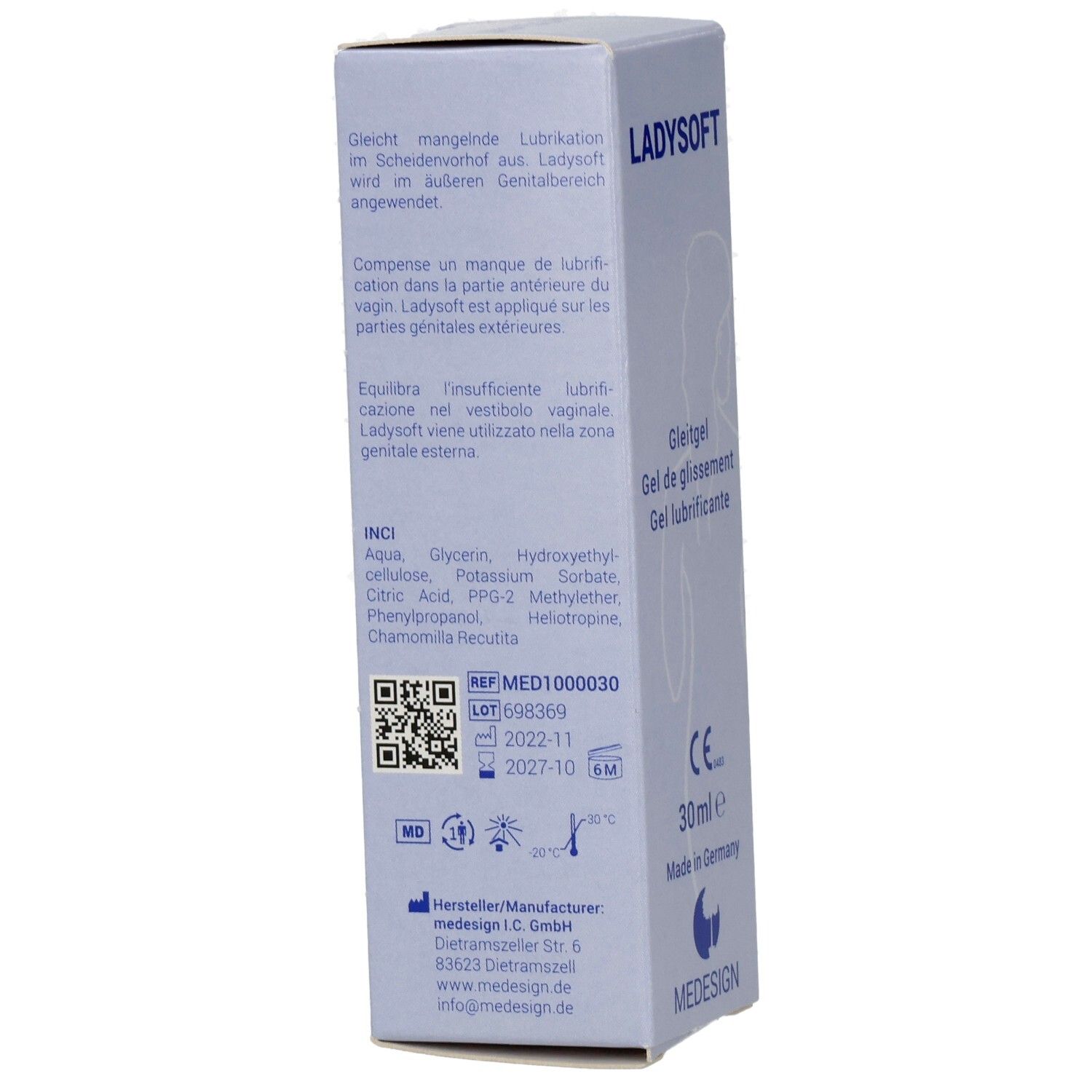 Ladysoft Gleitgel Verpackung mit Inhaltsstoffen und Chargennummer.