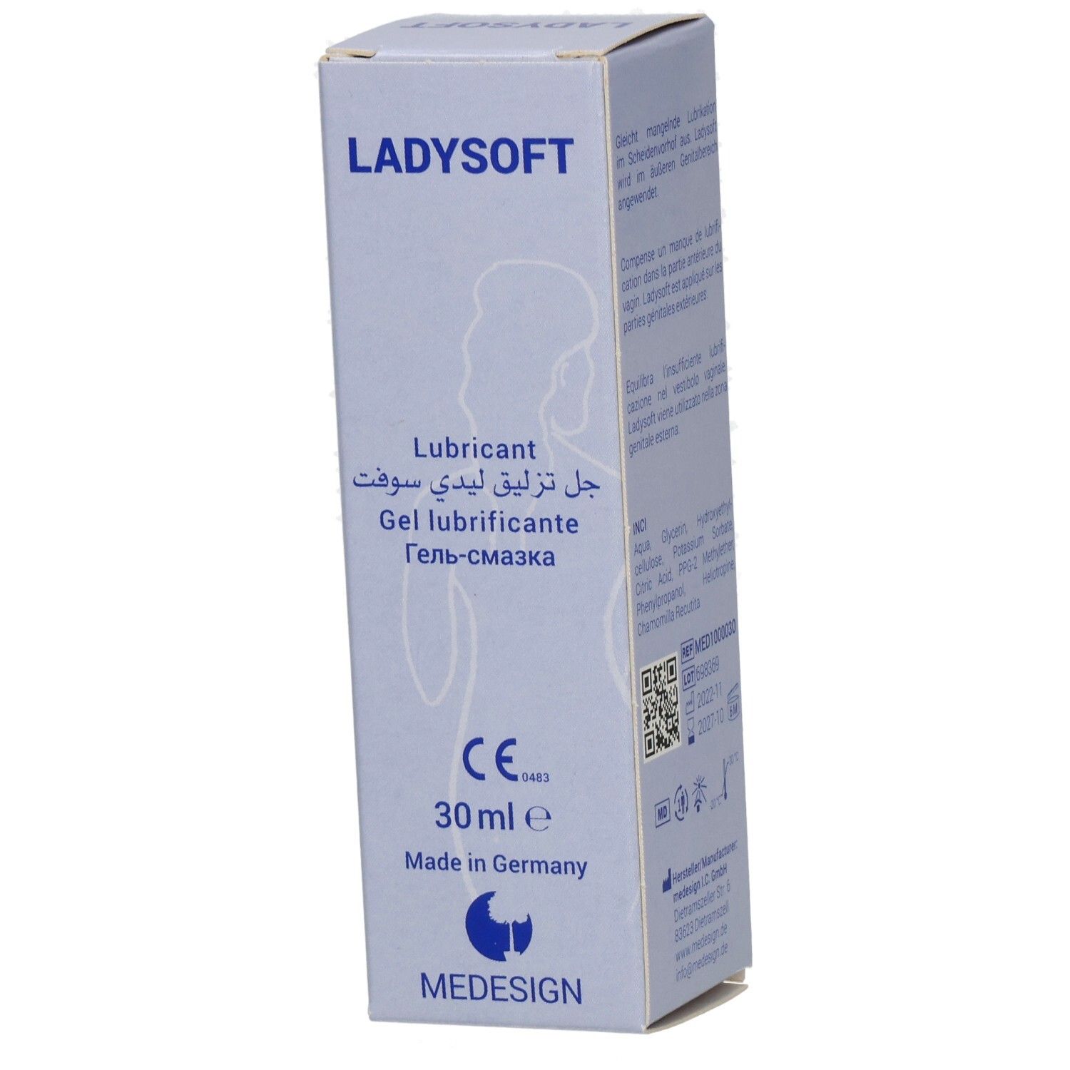 Ladysoft Gleitgel Verpackung mit arabischer und russischer Beschriftung.