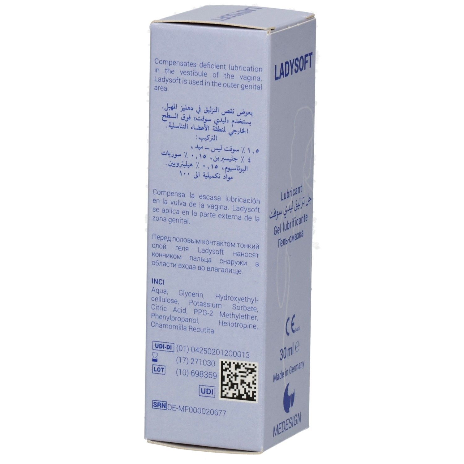 Ladysoft Gleitgel Verpackung mit UDI-Code und Herstellungsdatum.