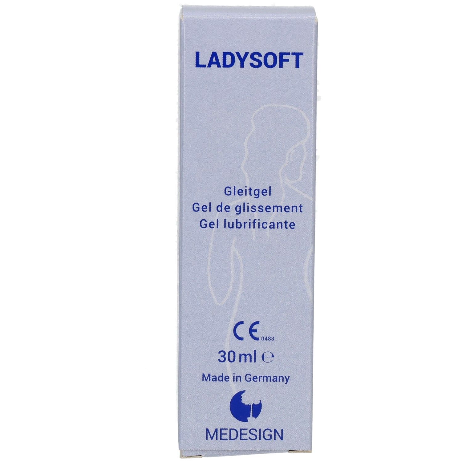 Ladysoft Gleitgel Verpackung mit CE-Zeichen und 30ml Angabe.