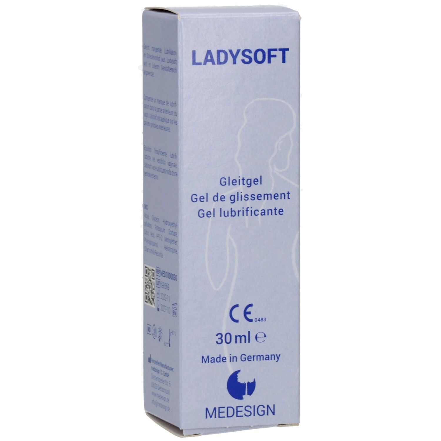 Ladysoft Gleitgel Verpackung mit CE-Zeichen und 30ml Angabe.