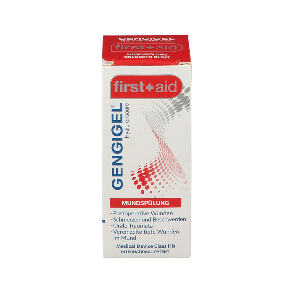Gengigel First Aid Mundspülung. Weiße Schachtel mit roter Schrift. Enthält Hyaluronsäure. Medizinprodukt.