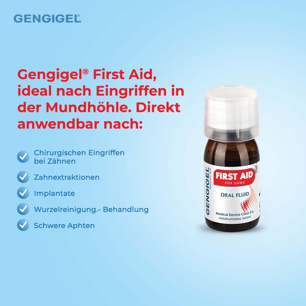 Gengigel First Aid, Mundspülung. Braune Flasche mit weißem Deckel. Für Zahnfleisch. Medizinprodukt.