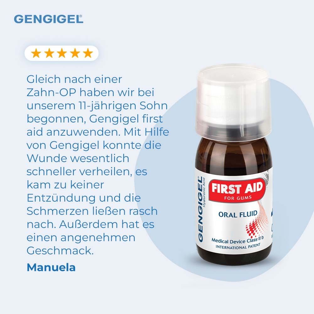 Gengigel First Aid, Mundspülung. Braune Flasche mit weißem Deckel. Für Zahnfleisch. Medizinprodukt.