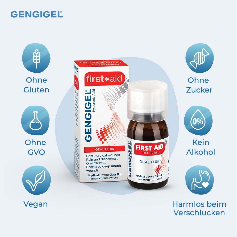Gengigel First Aid und Flasche. Ohne Gluten, Zucker, GVO, Alkohol. Vegan. Harmlos beim Schlucken.