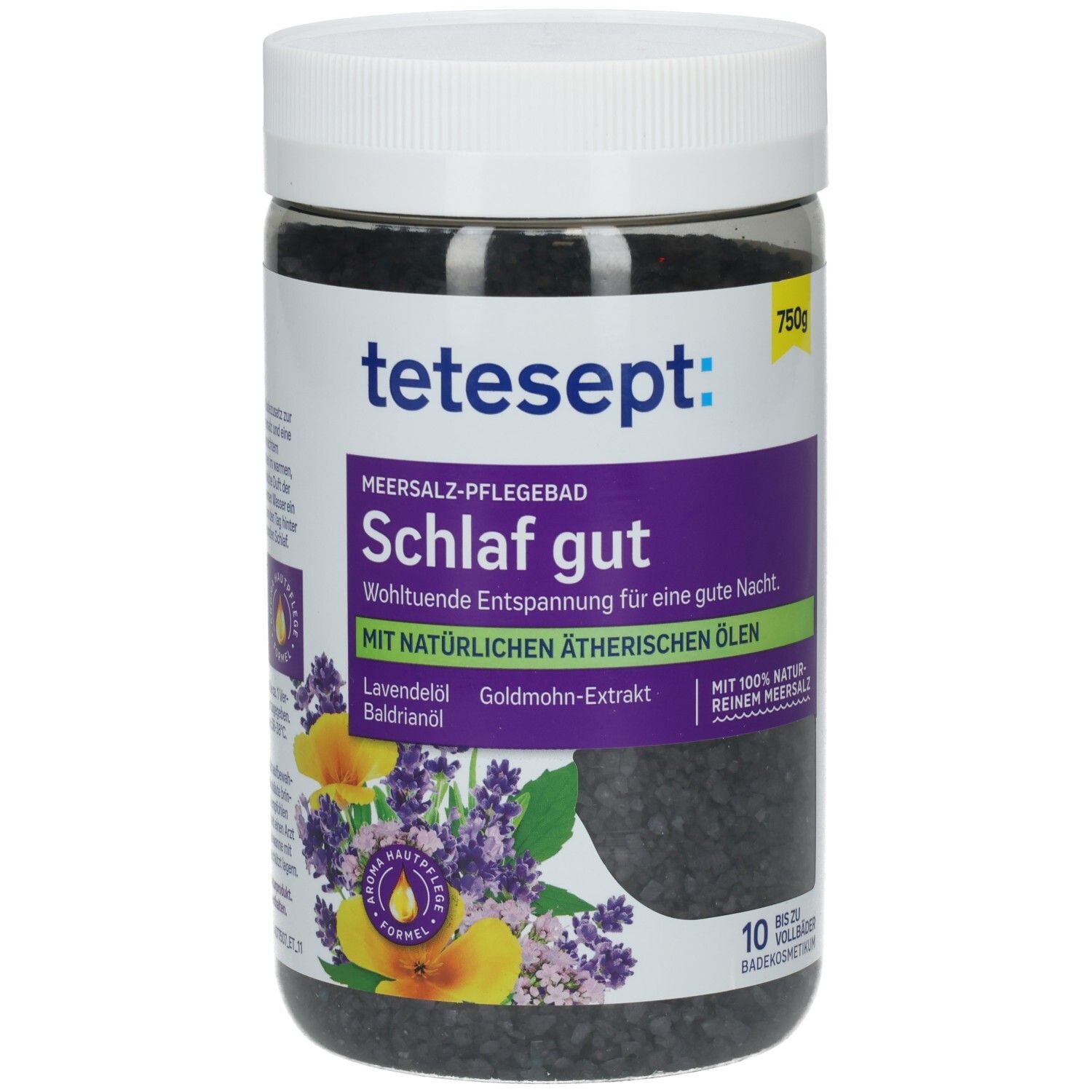 Transparente Dose mit Badesalz. Aufschrift: tetesept Schlaf Gut. Mit Lavendelöl und Goldmohn-Extrakt. 750g.