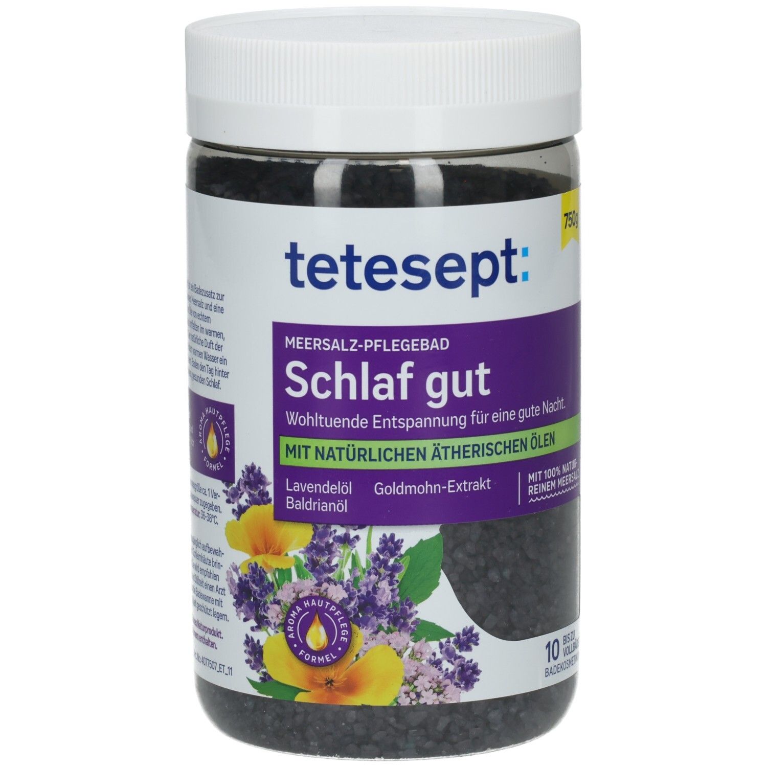 Vorderansicht der Dose mit Badesalz. Aufschrift: tetesept Schlaf Gut. Mit Lavendelöl und Goldmohn-Extrakt. 750g.