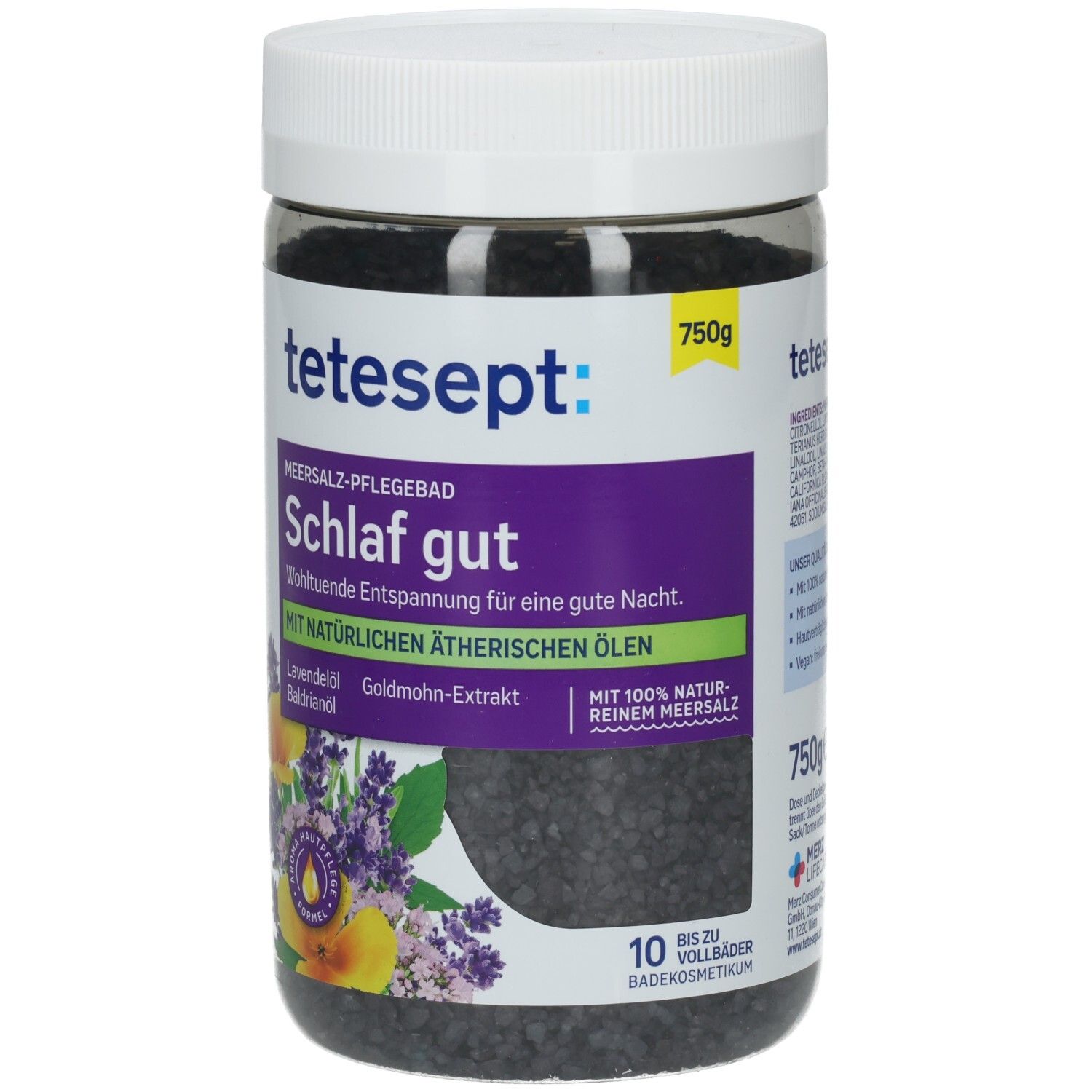 Dose mit Badesalz, Vorderansicht. Aufschrift: tetesept Schlaf Gut. Mit Lavendelöl und Goldmohn-Extrakt. 750g. 10 Vollbäder.