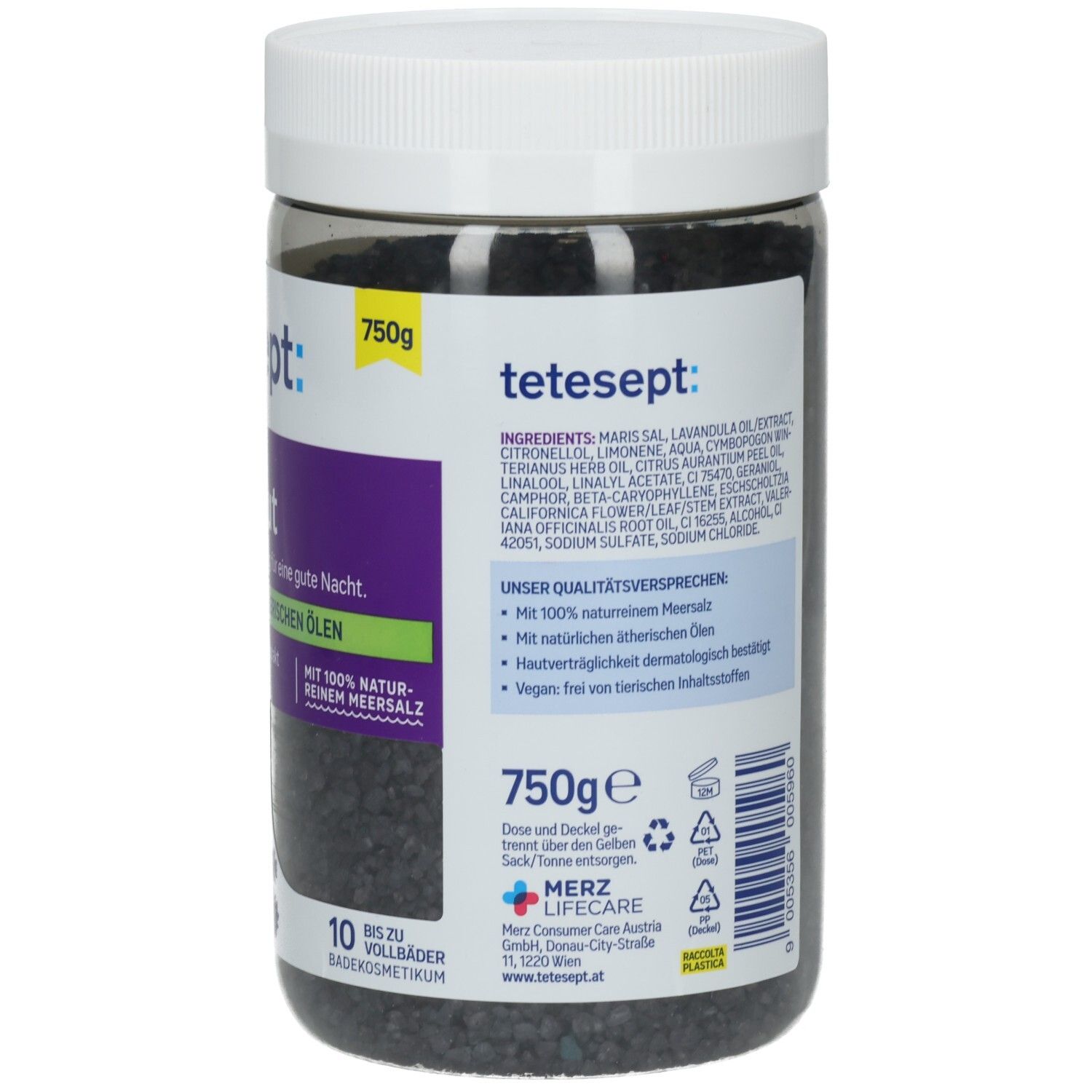 Rückseite der Dose mit Inhaltsstoffen und Qualitätsmerkmalen. Enthält Informationen zu Inhaltsstoffen und Hersteller.