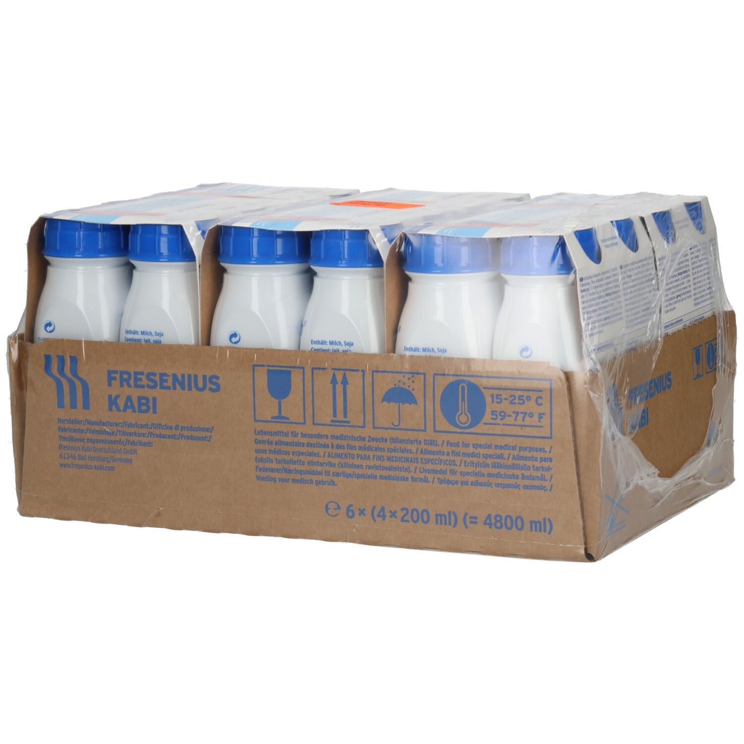 Seitenansicht des Kartons mit 24x Fresubin Energy Drink Erdbeere, 200ml Flaschen.