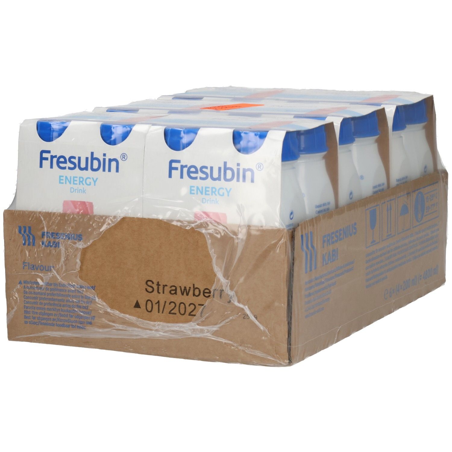 Vorderseite des Kartons mit 24x Fresubin Energy Drink Erdbeere, 200ml Flaschen.