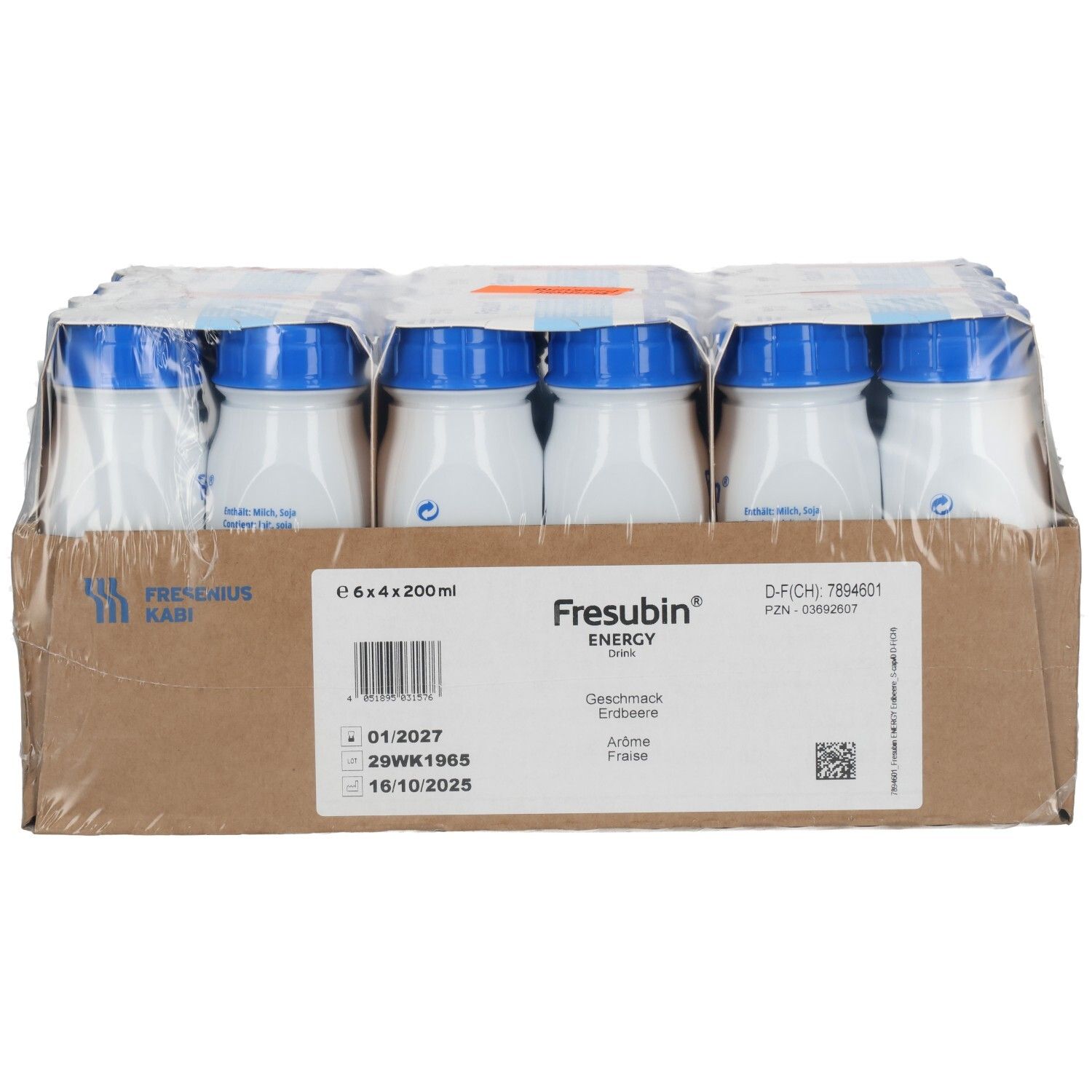 Detailansicht des Kartons mit Fresubin Energy Drink Erdbeere, 200ml Flaschen.