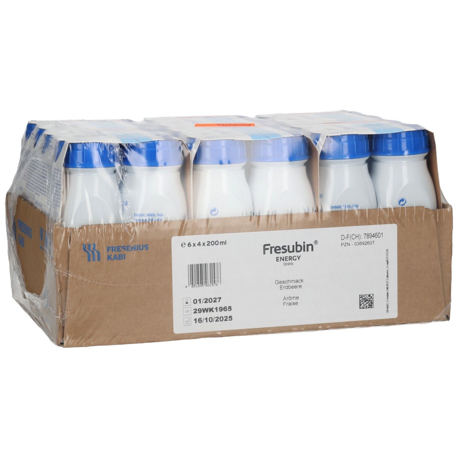 Oberseite des Kartons mit 24x Fresubin Energy Drink Erdbeere, 200ml Flaschen.