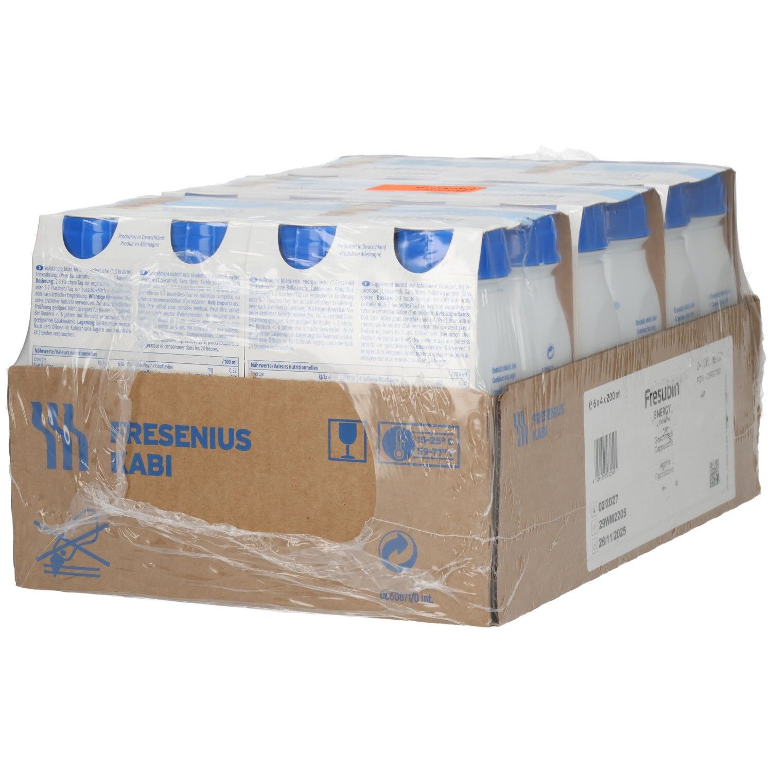 Fresubin Energy Drink, 6x200ml Flaschen im Karton, Rückansicht.