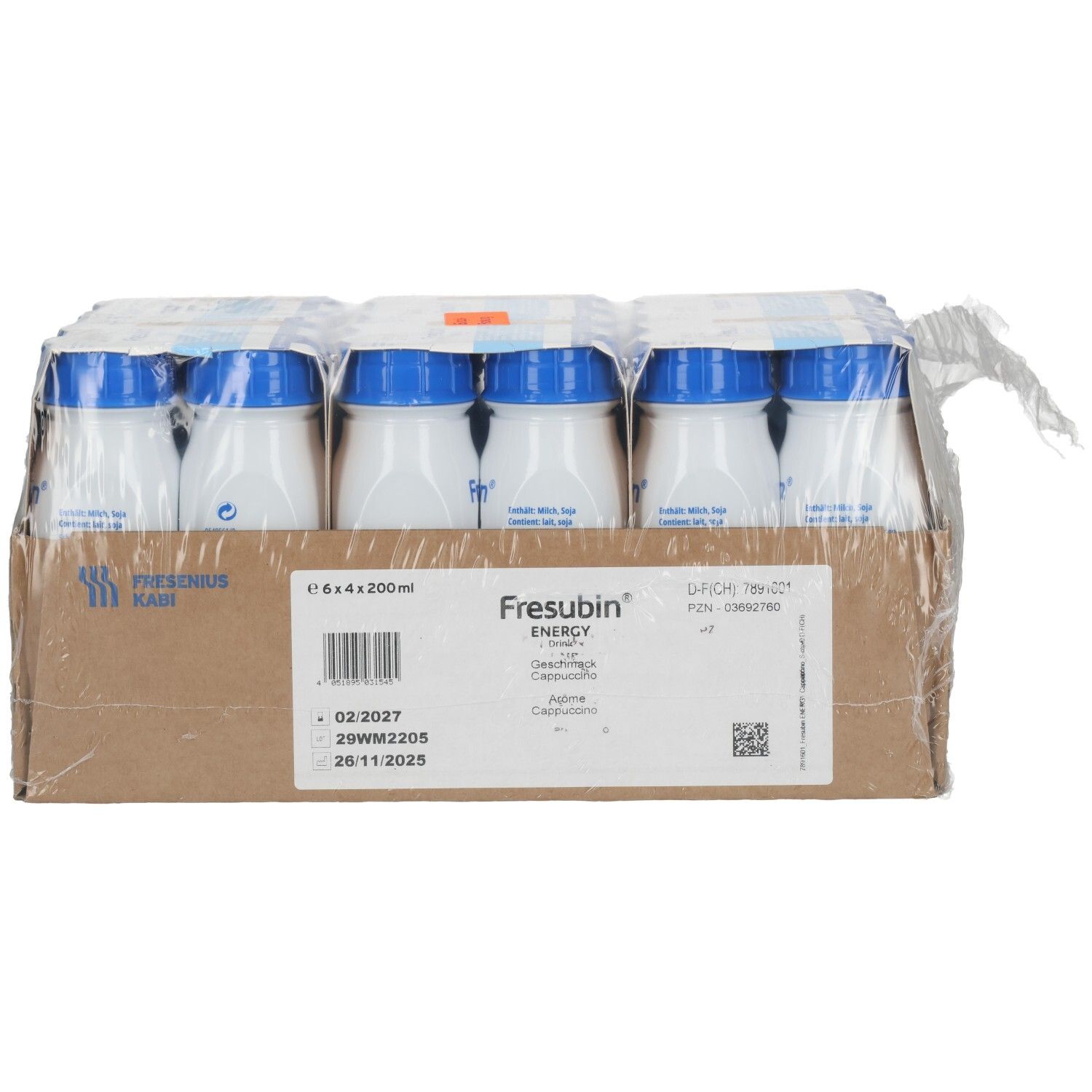 Fresubin Energy Drink, 6x200ml Flaschen im Karton, Vorderansicht.