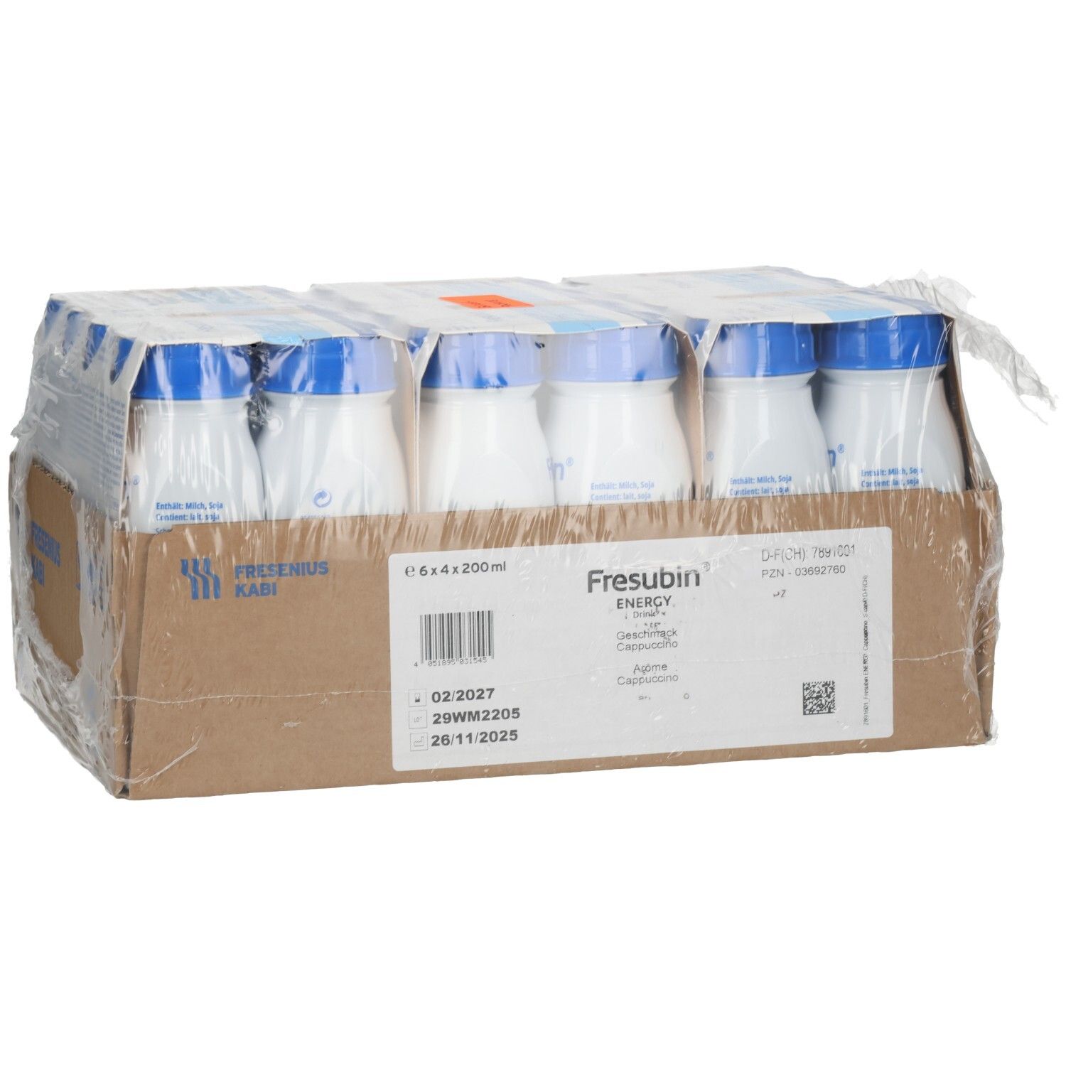 Fresubin Energy Drink, 6x200ml Flaschen im Karton, Etikettendetails.