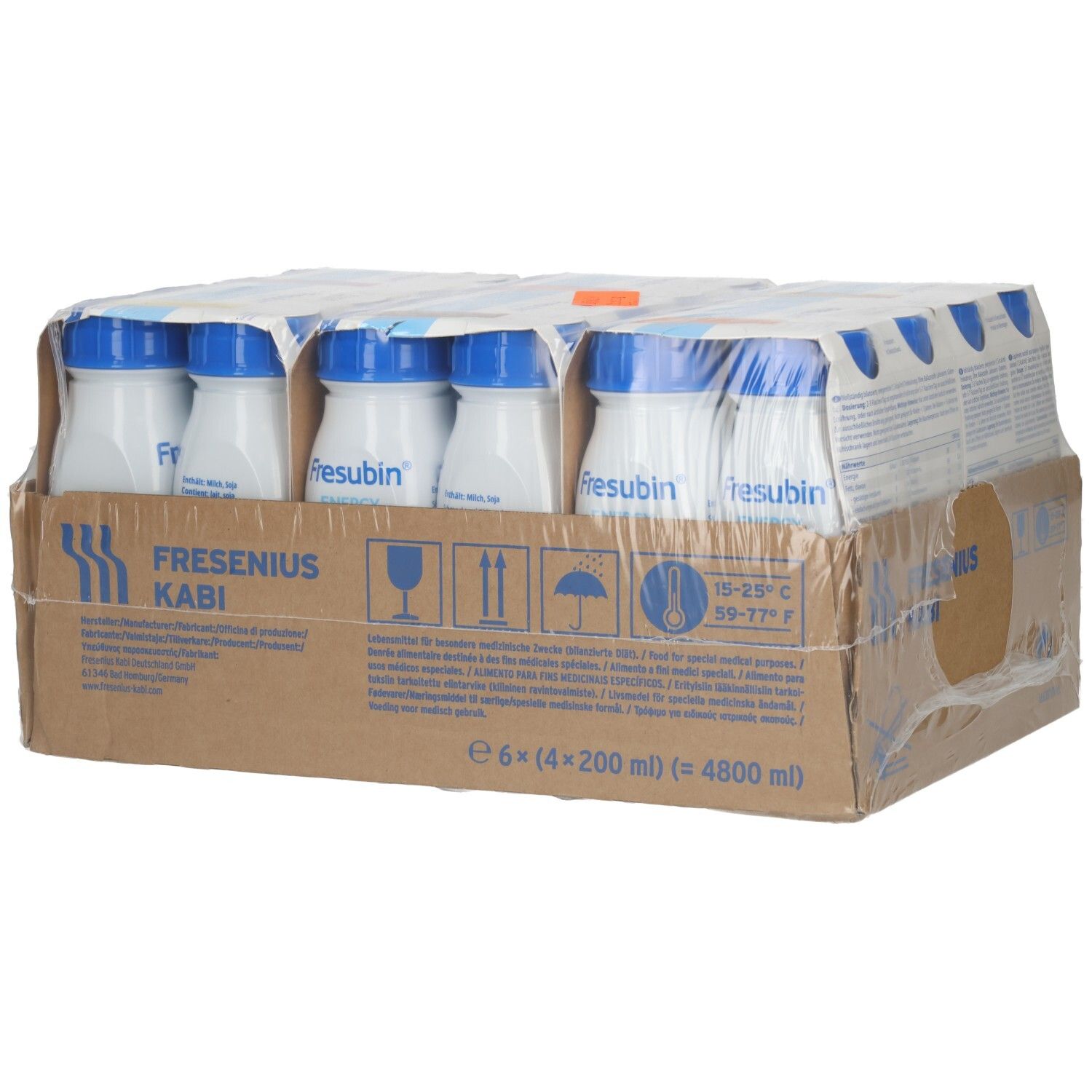 Kartonverpackung mit sechs Flaschen Fresubin Energy Drink, Lagerungshinweise sichtbar.