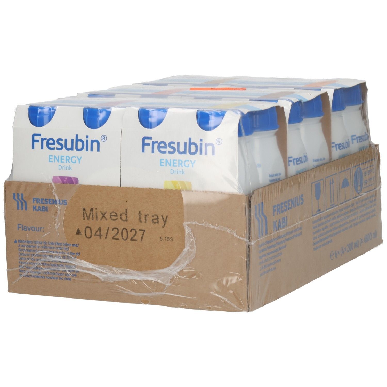 Vorderseite einer gemischten Trägerverpackung mit Fresubin Energy Drink Flaschen.