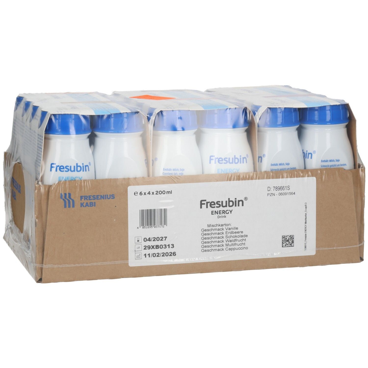 Kartonverpackung mit sechs Flaschen Fresubin Energy Drink, verschiedene Geschmacksrichtungen.
