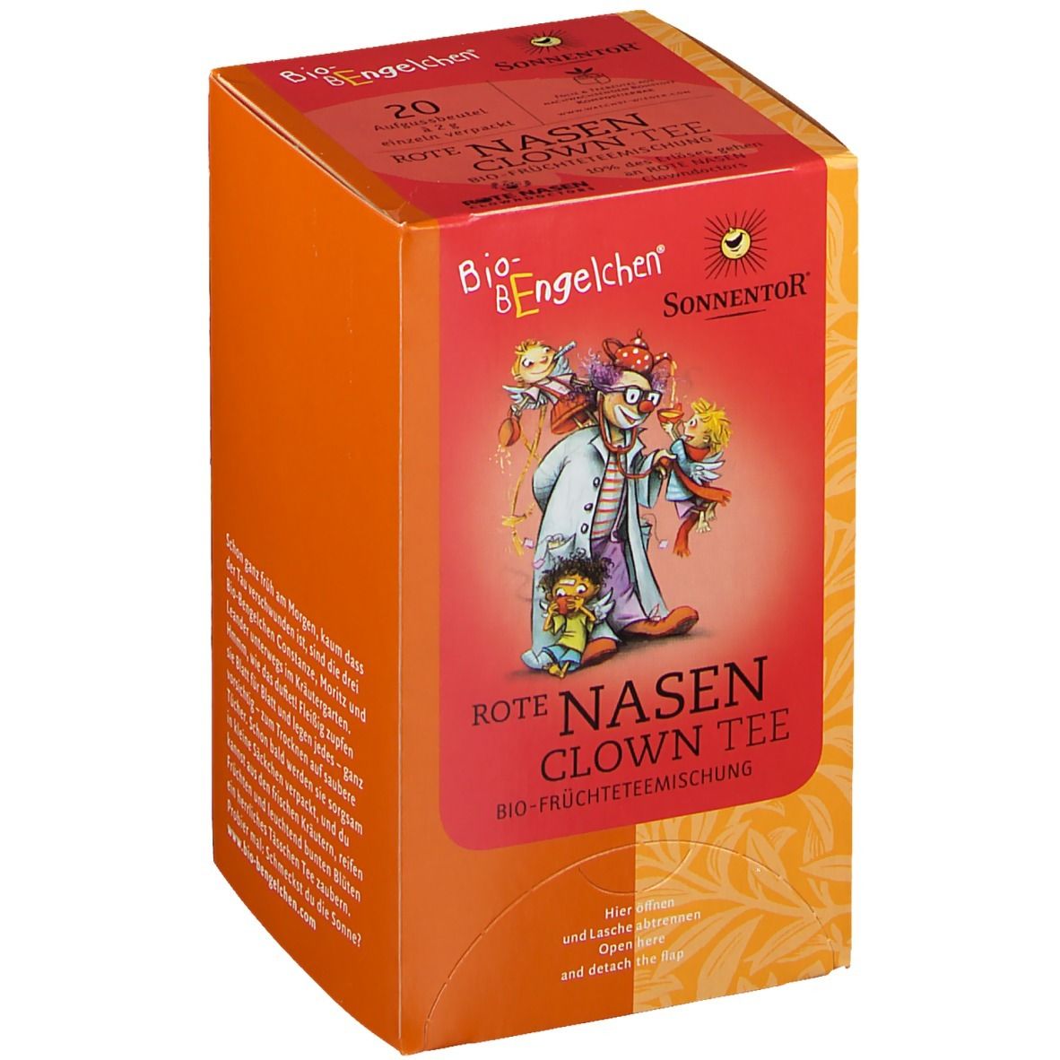 Orangefarbene Verpackung mit Aufdruck. Abbildung eines Clowns mit Kindern. Text: Rote Nasen Clown Tee. Marke: SonnentoR.