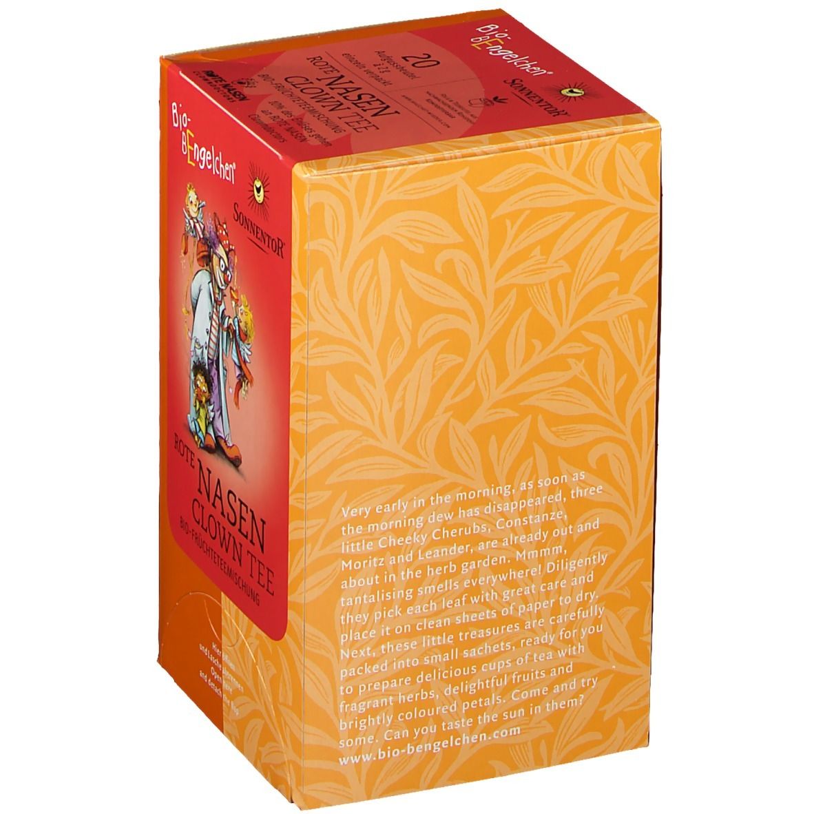 Verpackung mit floralem Muster und Text. Text: Rote Nasen Clown Tee. Marke: Bio-Bengelchen. Beschreibung auf Deutsch.