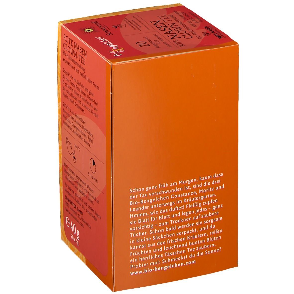 Orangefarbene Verpackung mit Text und Illustrationen. Text: Rote Nasen Clown Tee. Marke: Bio-Bengelchen. Informationen zur Zubereitung.