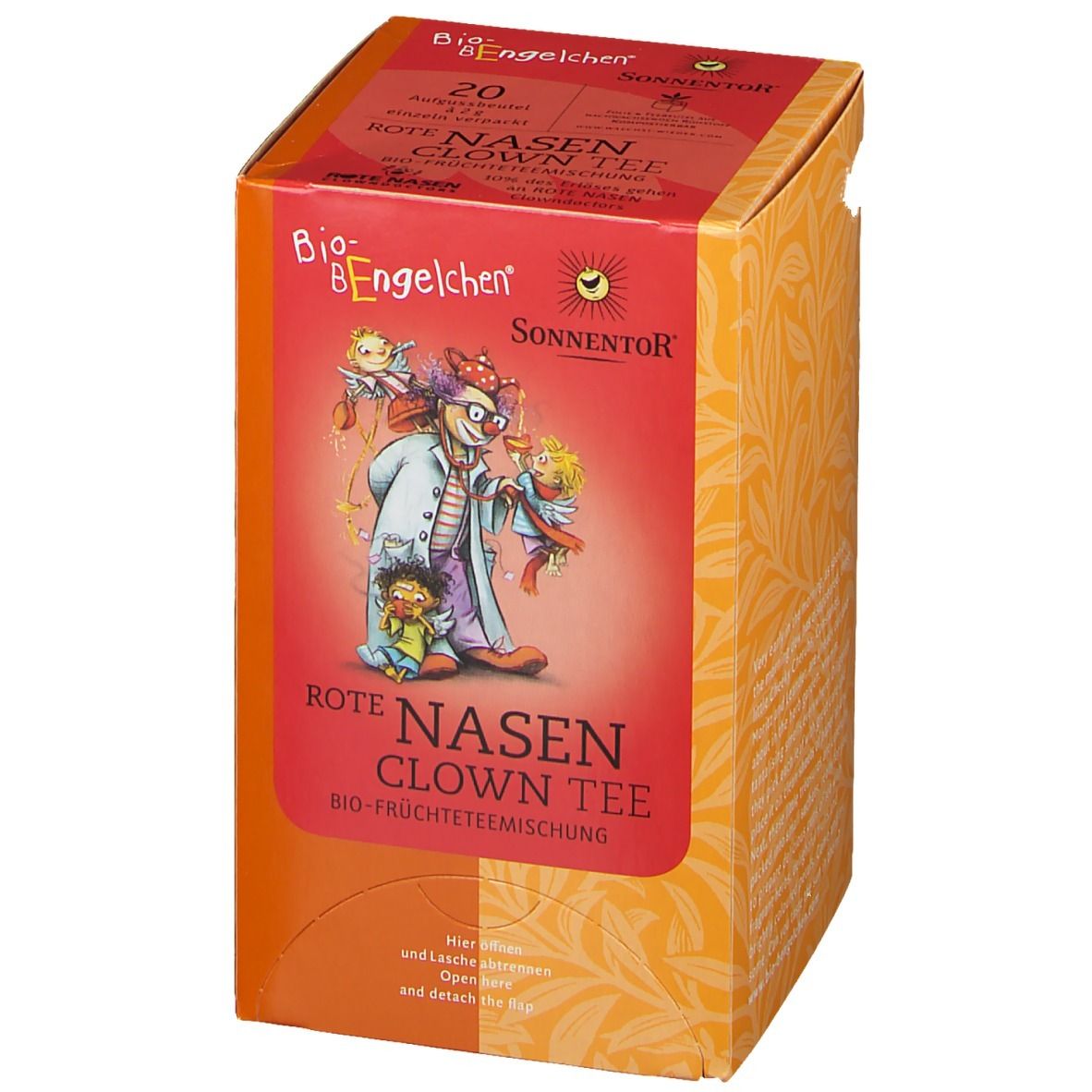 Orangefarbene Verpackung mit Aufdruck. Abbildung eines Clowns mit Kindern. Text: Rote Nasen Clown Tee. Marke: SonnentoR.