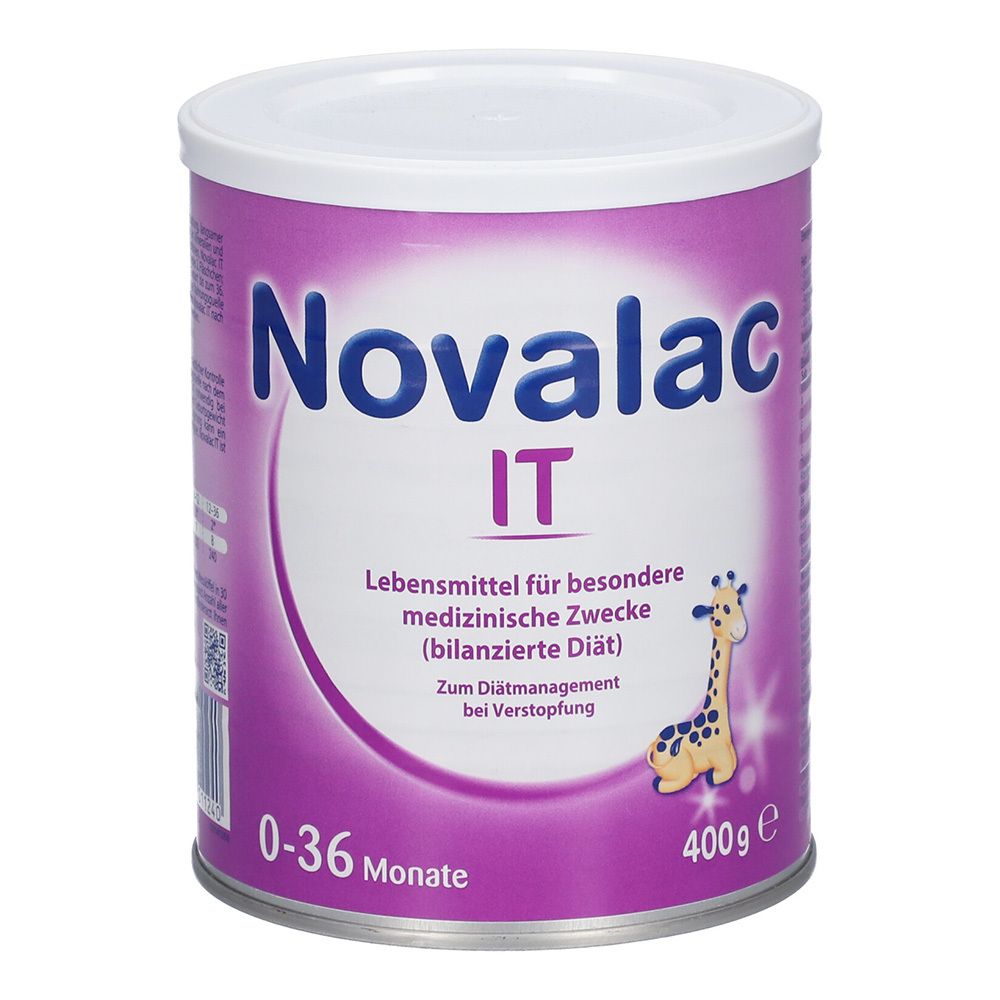 Dose Novalac IT, Babynahrung. Lila Dose mit weißem Deckel. Aufschrift: Novalac IT, 0-36 Monate, 400g. Giraffen-Illustration.